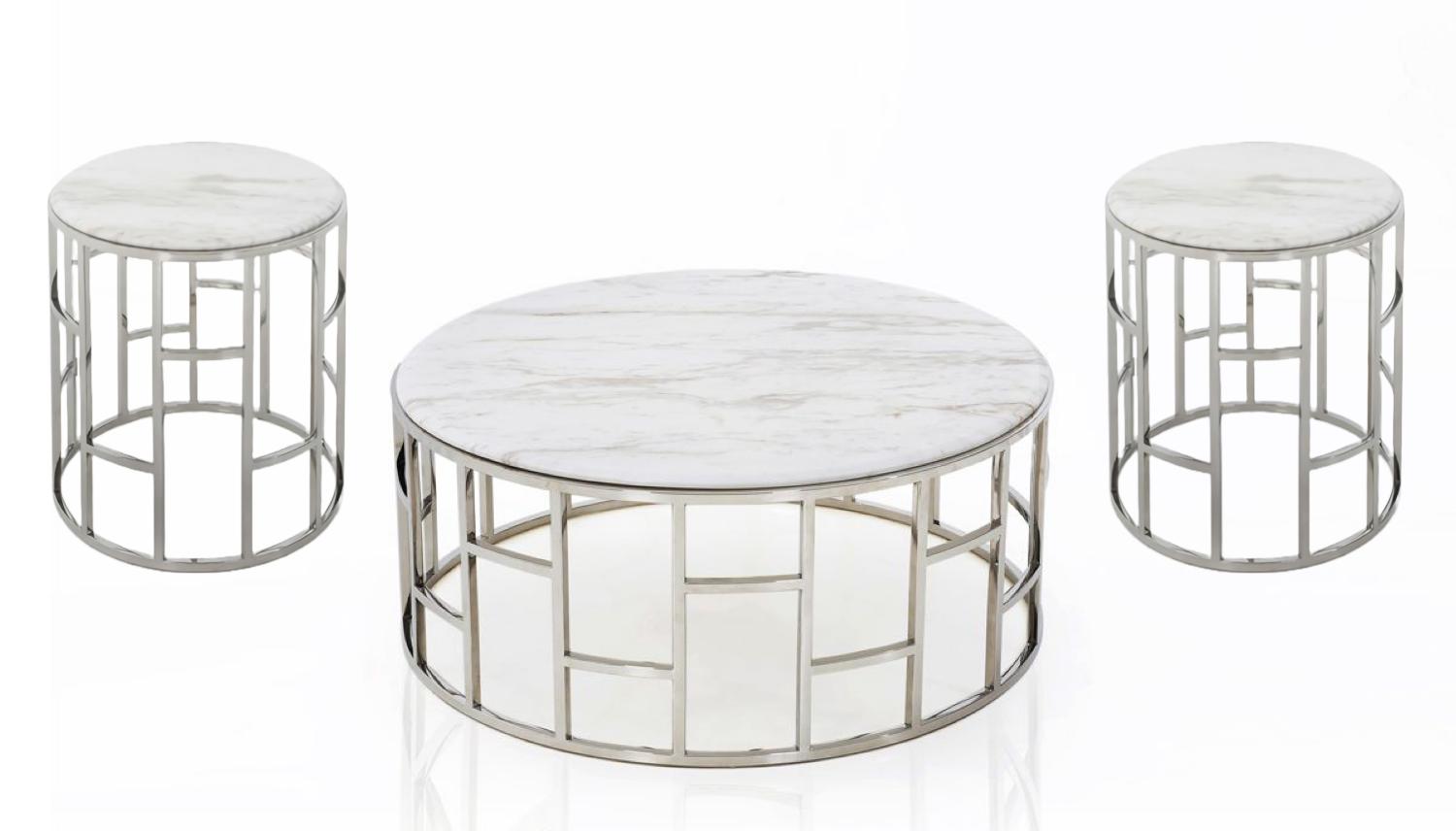 

    
White Marble & Stainless Steel Coffee Table + 2 End Tables by VIG Modrest Silvan
