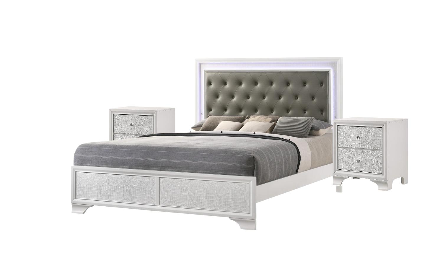 Modern Panel Bedroom Set Lyssa B4310-K-Bed-3pcs in White Crocodile Texture