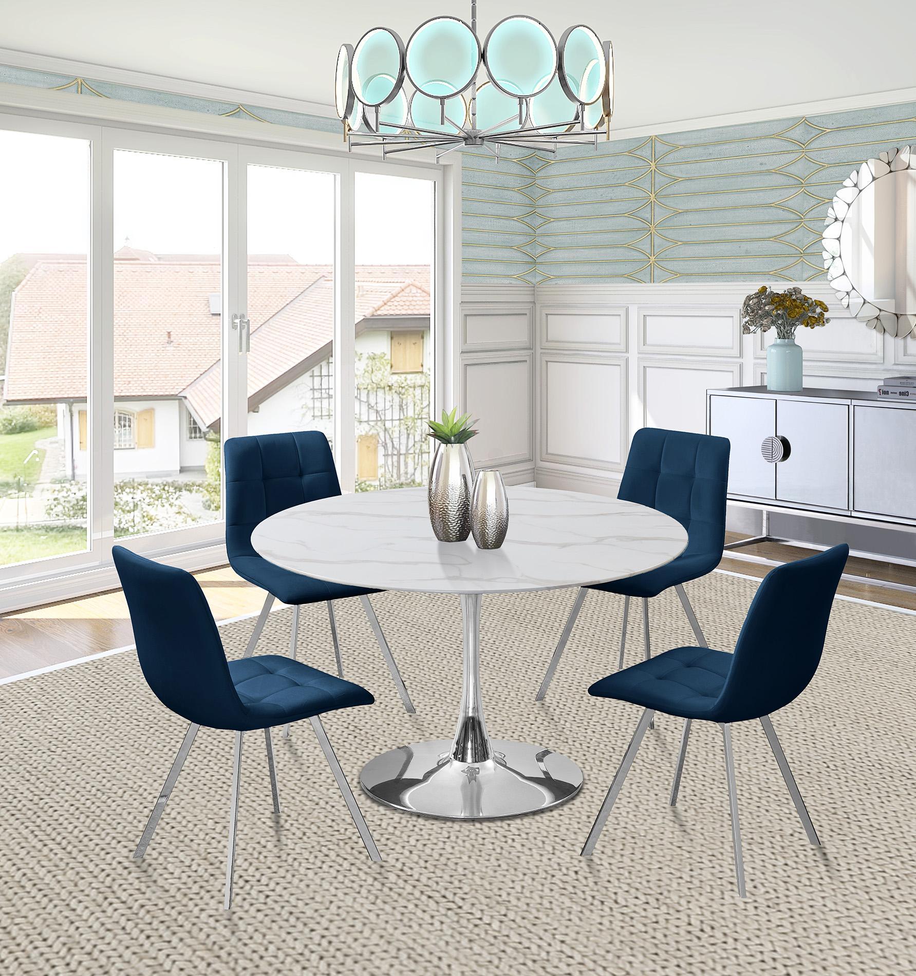 Contemporary, Modern Dining Table Set TULIP& ANNIE 976-T 976-T-Set-5 in Navy, White, Silver Fabric