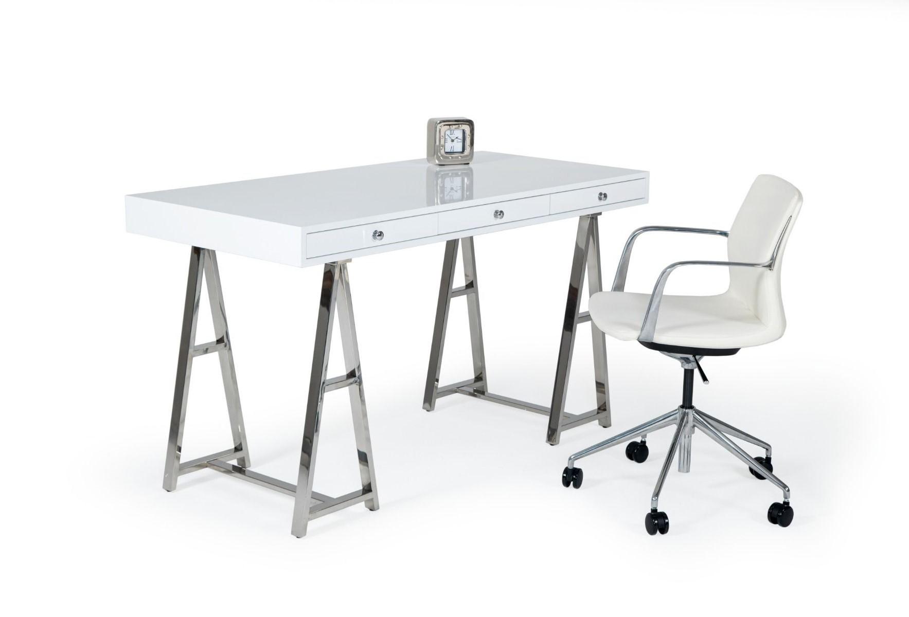 Contemporary, Modern Desk with Chair Ostrow Sundar VGGMCP-705E-WHT-DSK-2pcs in Chrome, White Leatherette