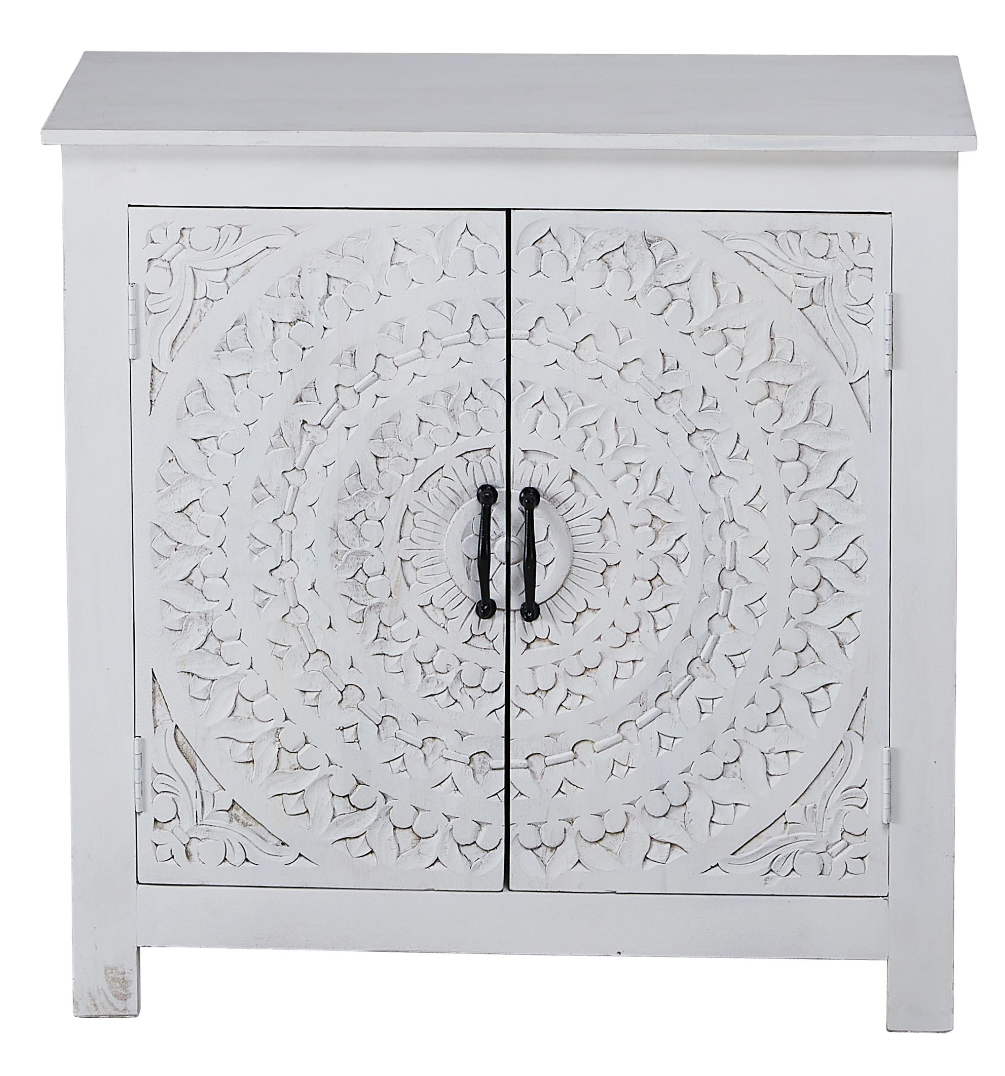 

    
White Wash Carved Lace 2 Door Cabinet Solid Mango UCS-6631-SO JAIPUR HOME
