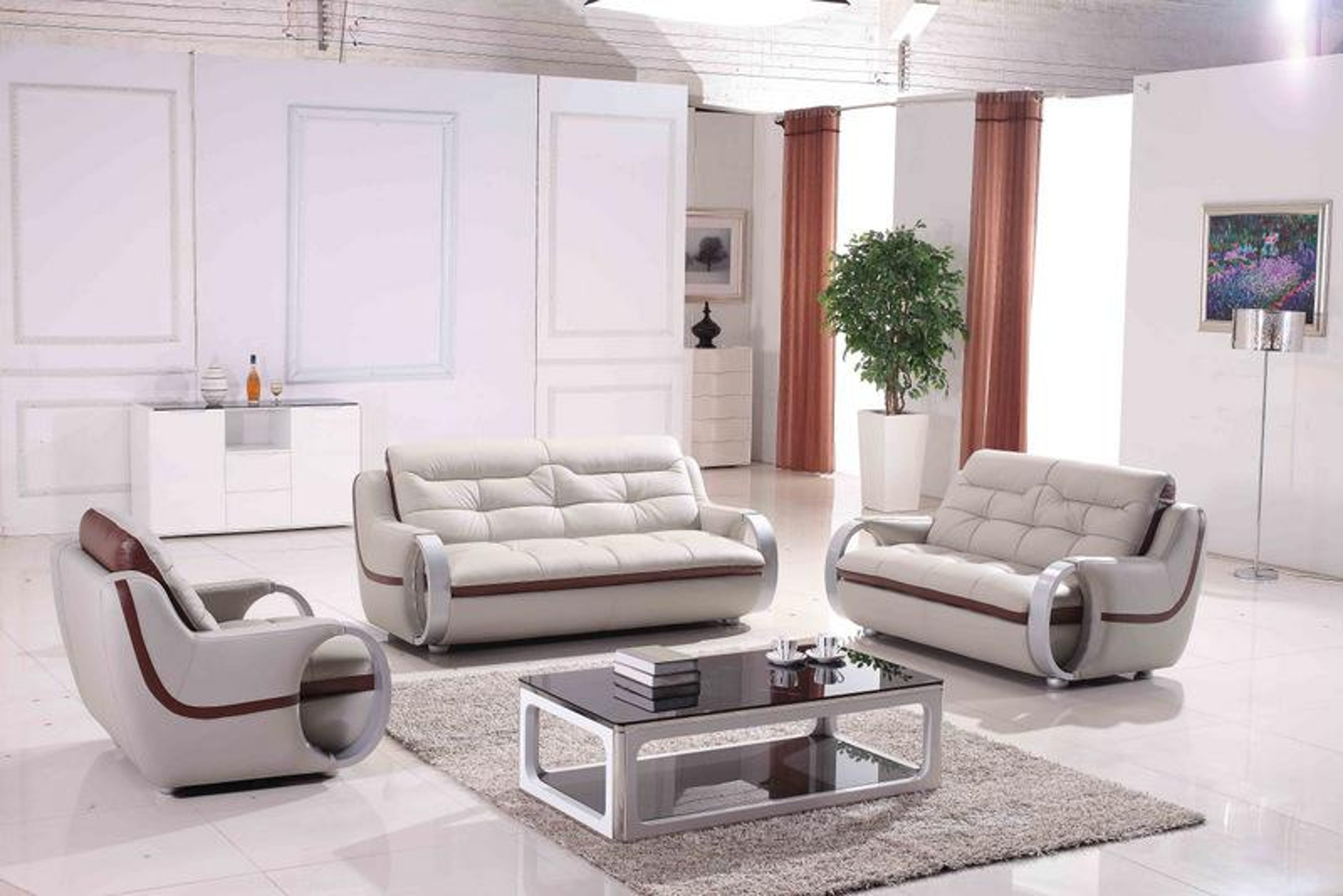 Maxwest P328-ON Modern Light Grey Genuine Leather Sofa Loveseat and ...