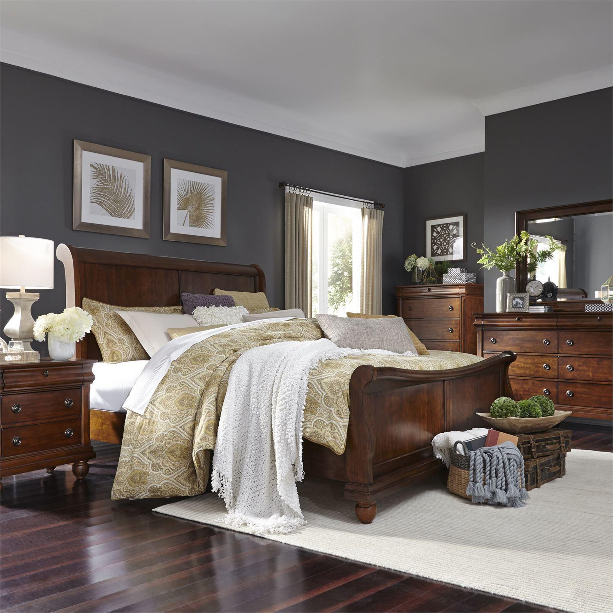 Cherry Finish Queen Sleigh Bed Set 5 Rustic Traditions 589 Br Liberty Furniture Buy Online On