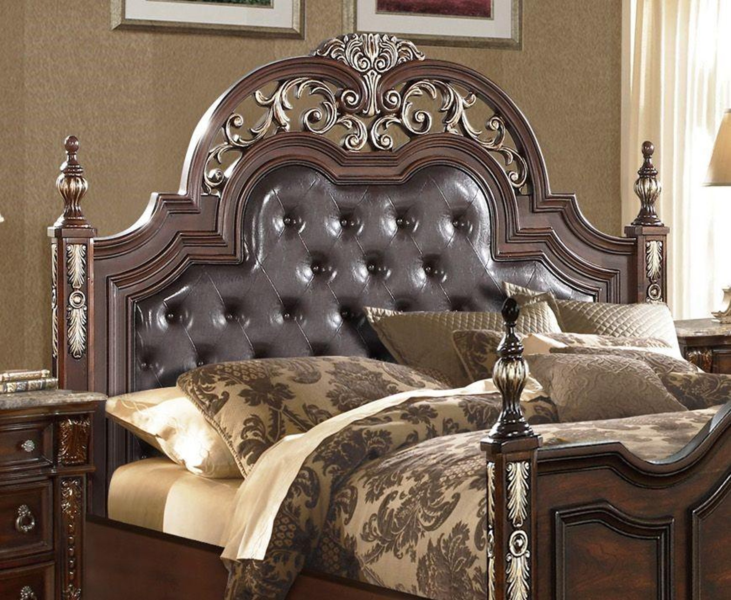 Dark Cherry Upholstered Poster Queen Size Bed Traditional Mcferran