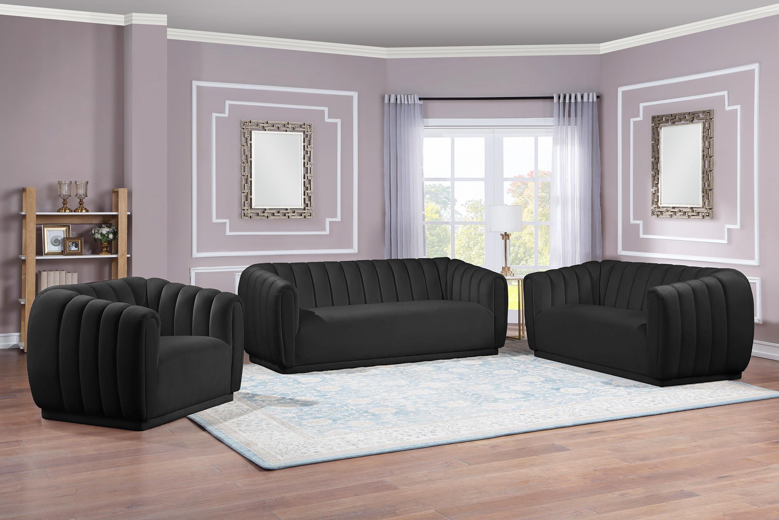 Deco Black Channel Tufted Sofa Set 3P DIXIE 674Black Meridian Modern – buy online on NY Furniture Outlet