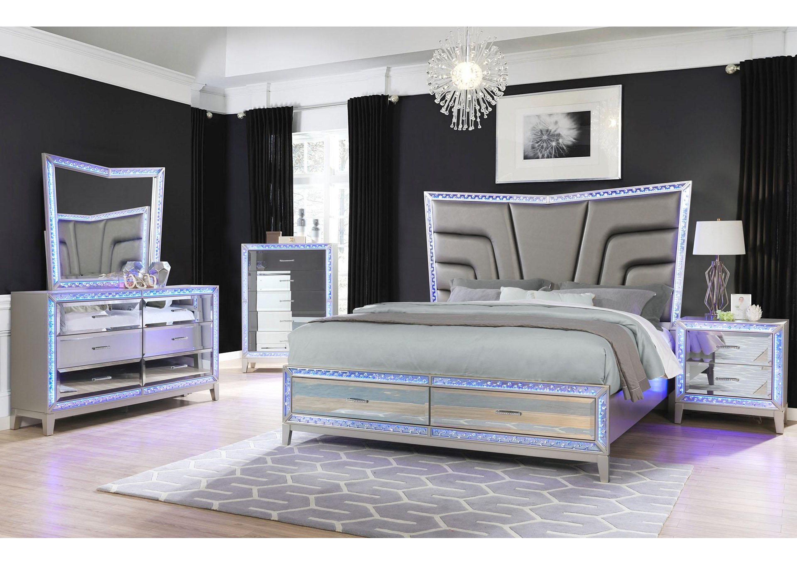 glam silver mirrored inlay w/led king bedroom set 4p luxury galaxy home  modern