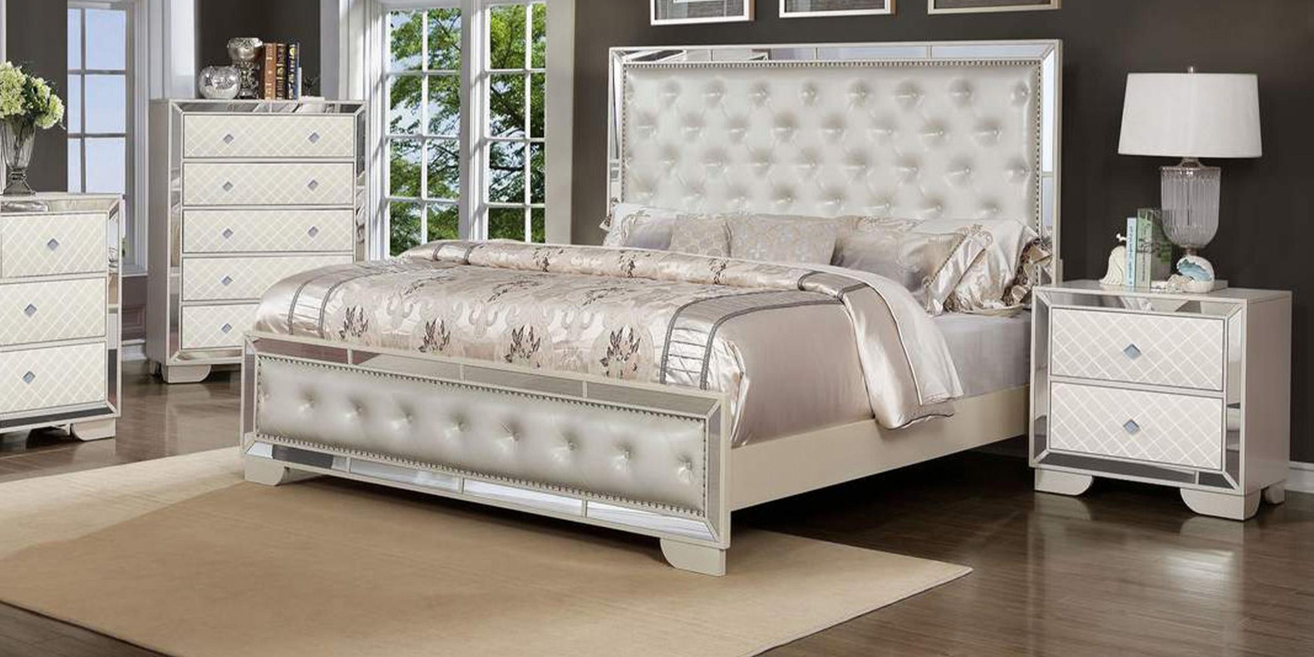 Glam Beige Mirrored Inlay Tufted Queen Bedroom Set 5P MADISON Galaxy ...