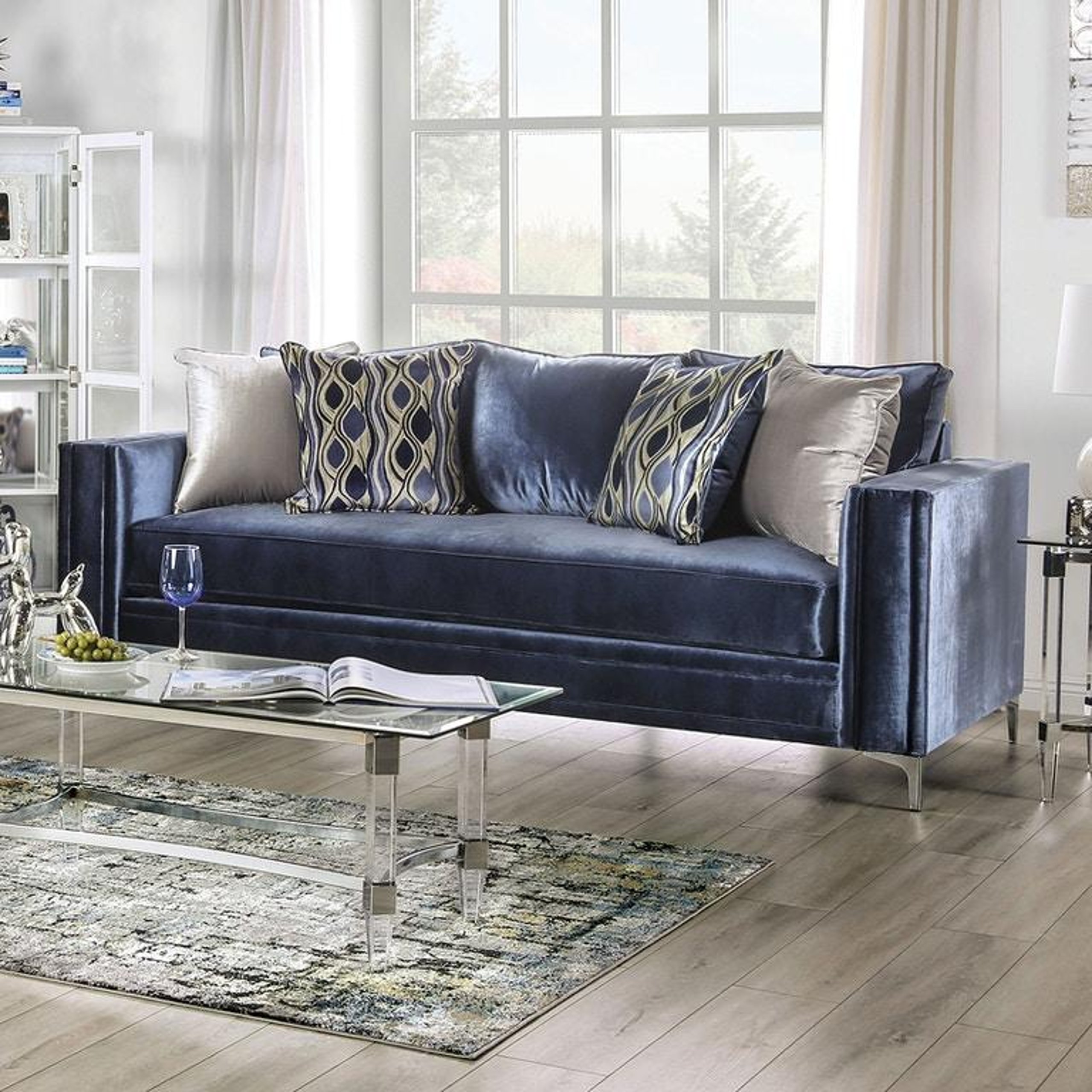 Contemporary Satin Blue & Silver Microfiber Loveseat Furniture of America  SM2687-LV Jodie – buy online on NY Furniture Outlet