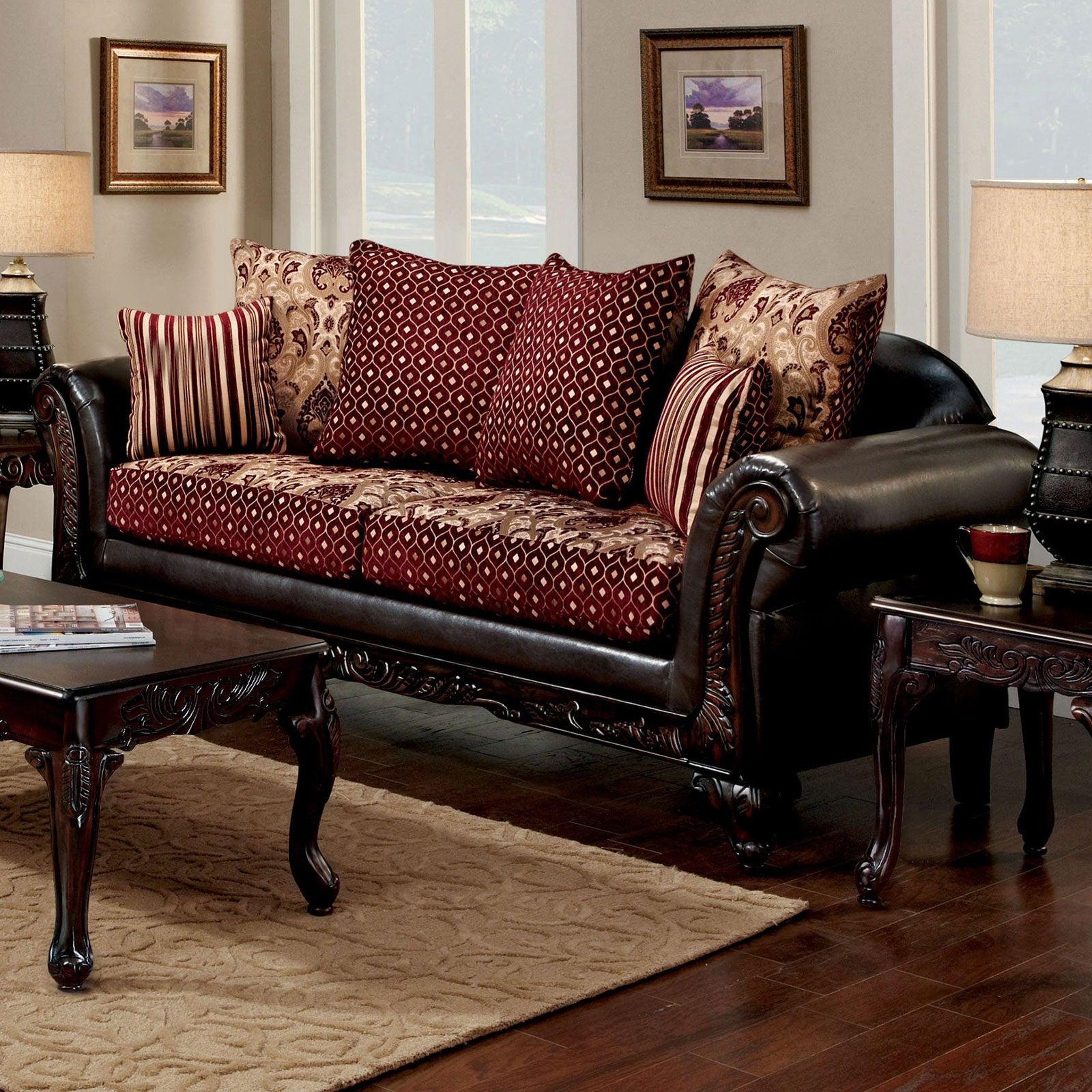 Burgundy And Brown Chenille Sofa Ellis Sm7507n Sf Furniture Of America