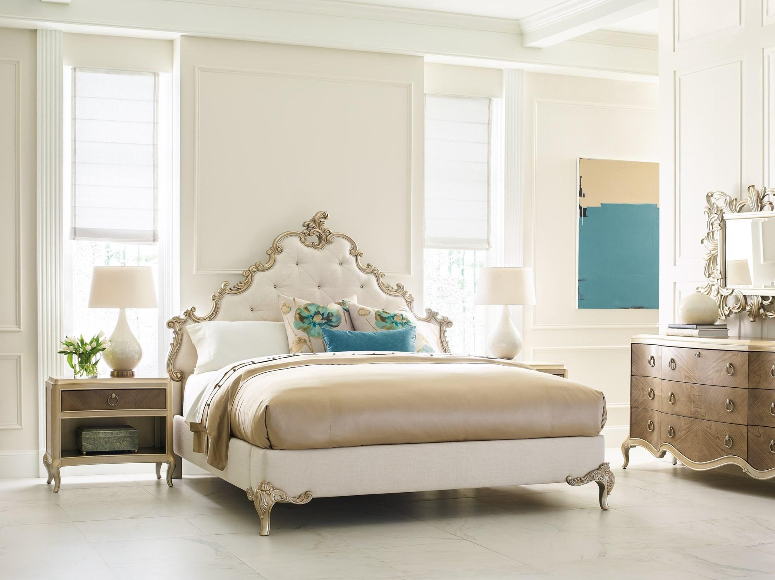 Luxuriously Cream & Gold Upholstered King Bed Set 3Pcs FONTAINEBLEAU by  Caracole – buy online on NY Furniture Outlet