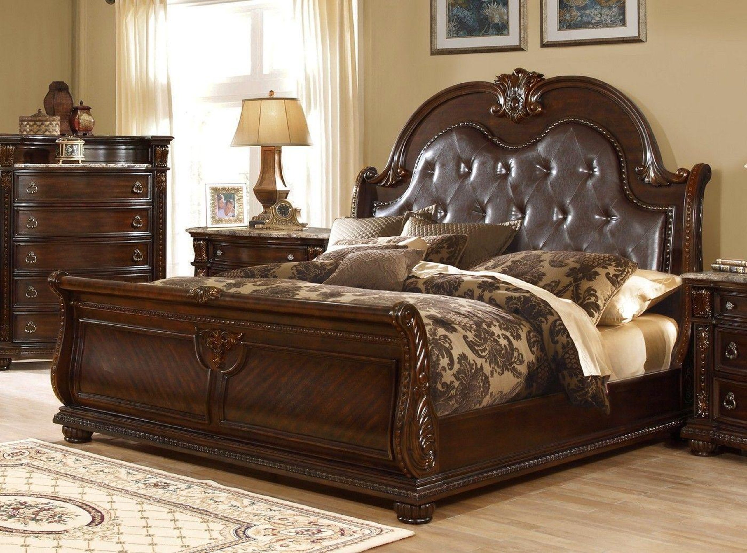 Dark Cherry Button Tufted Sleigh Cal King Bedroom Set 6pcs Traditional