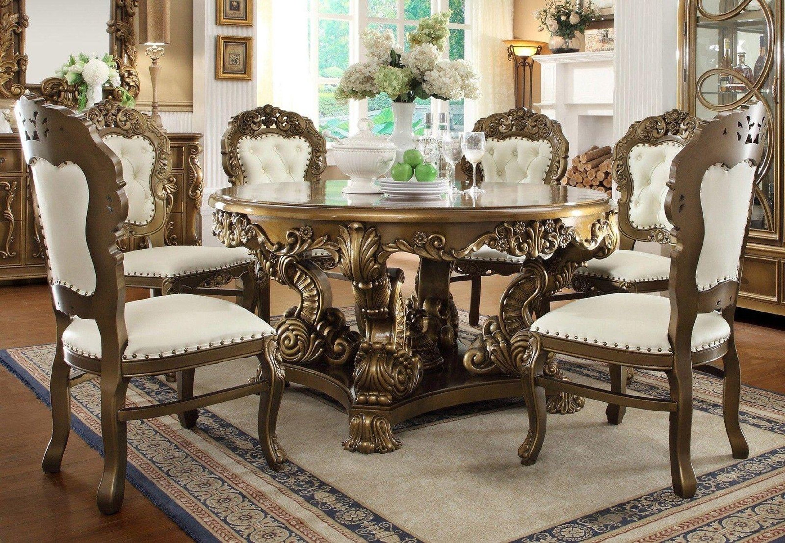 Antique Gold Round Dining Table Set 7Pcs Traditional Homey Design Hd-8008 –  Buy Online On Ny Furniture Outlet