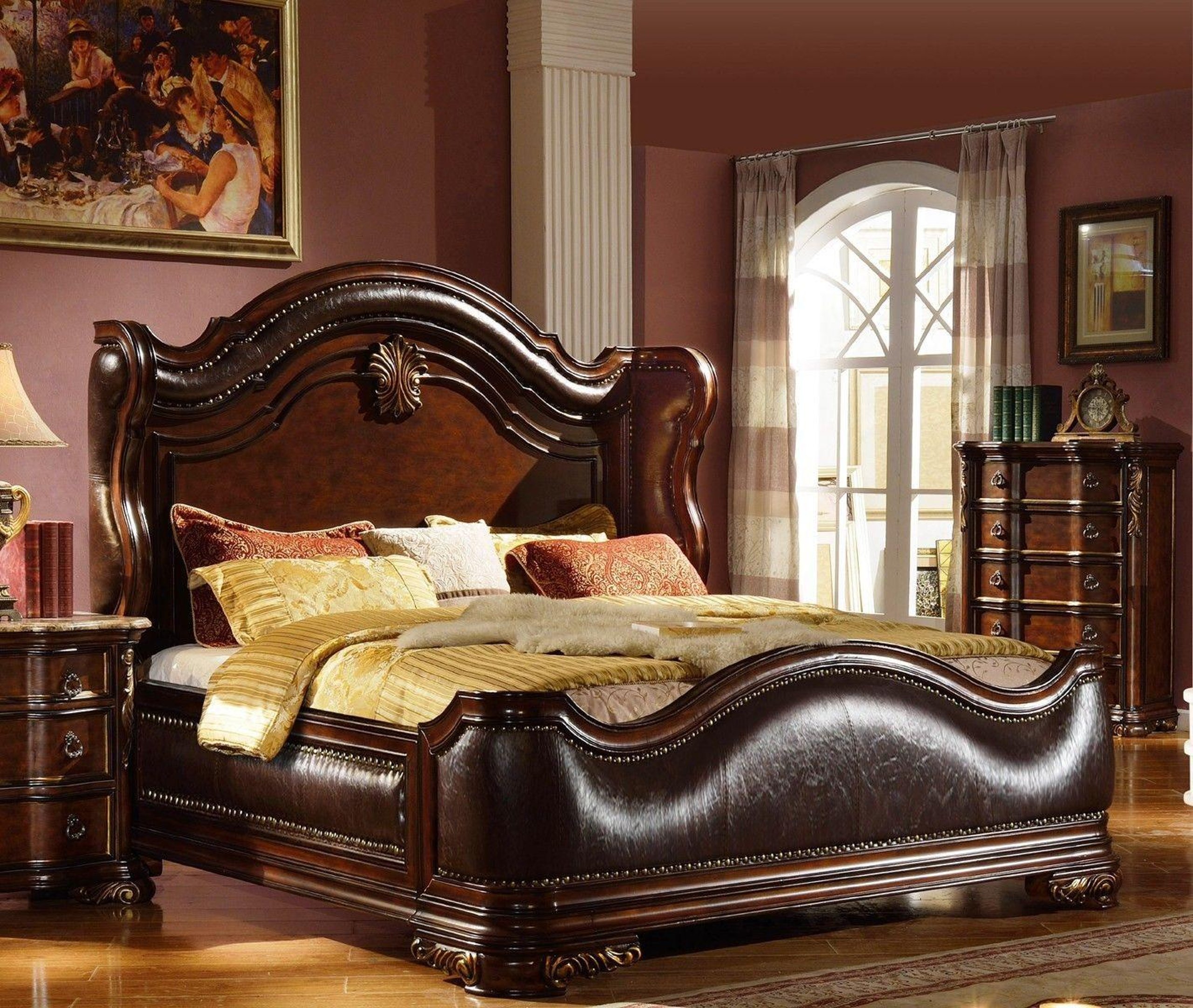 cherry bonded leather sleigh cal king bedroom set 5pcs traditional