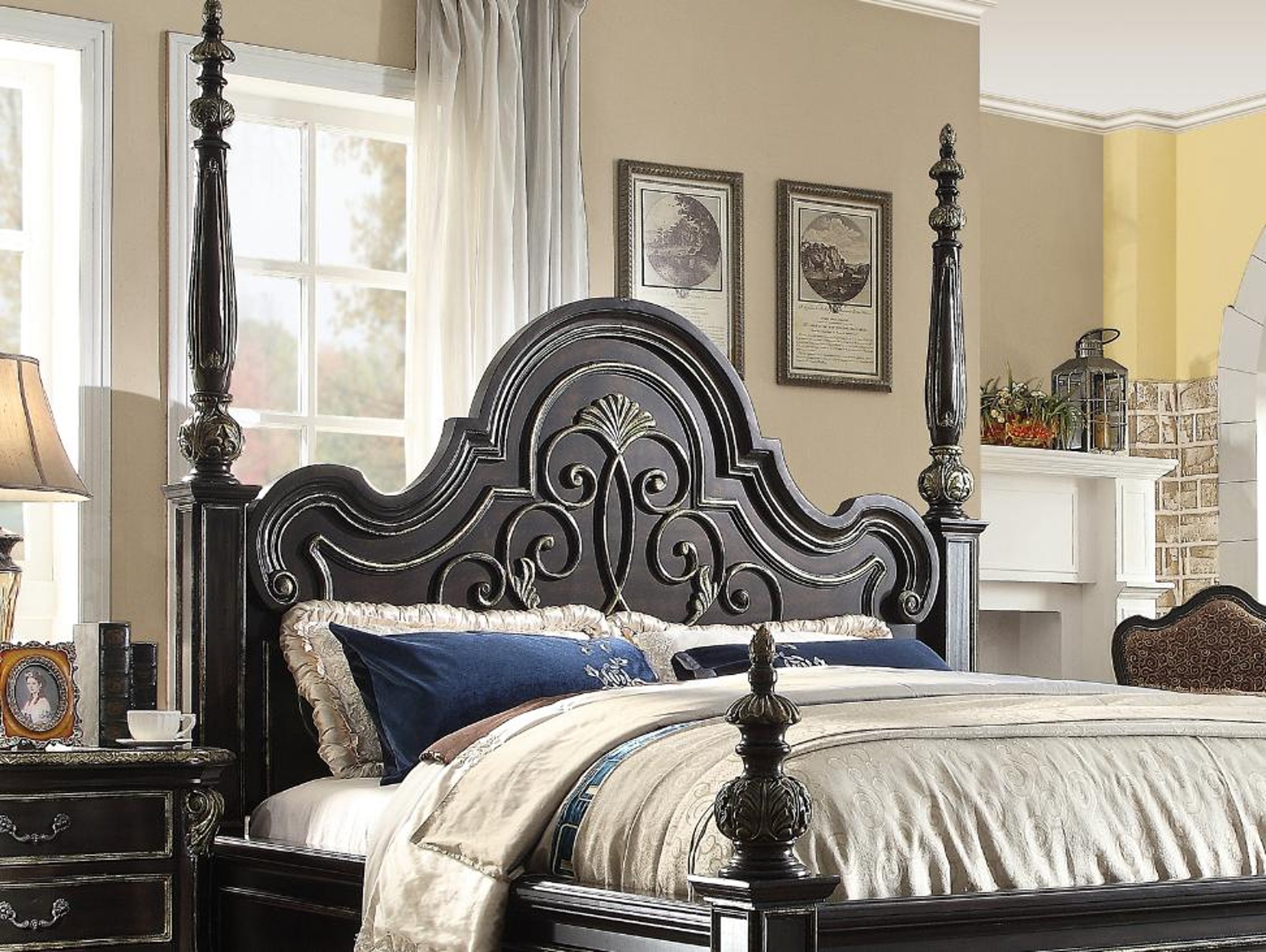 mcferran b5189 ebony gothic queen poster bedroom set 5pcs carved wood
