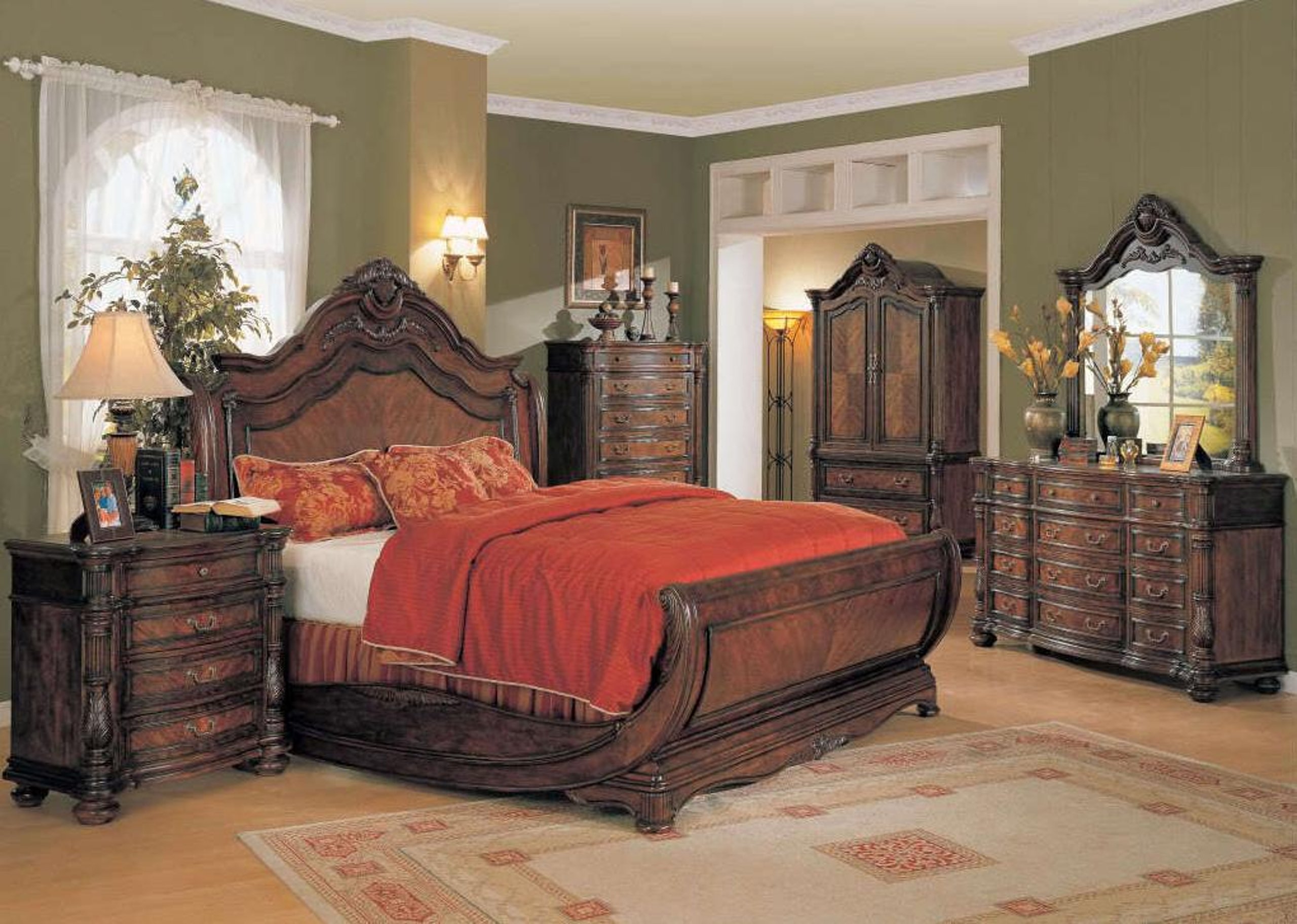 soflex sariyah luxury king cherry sleigh bed 5pcs bedroom furniture set w/ marble tops