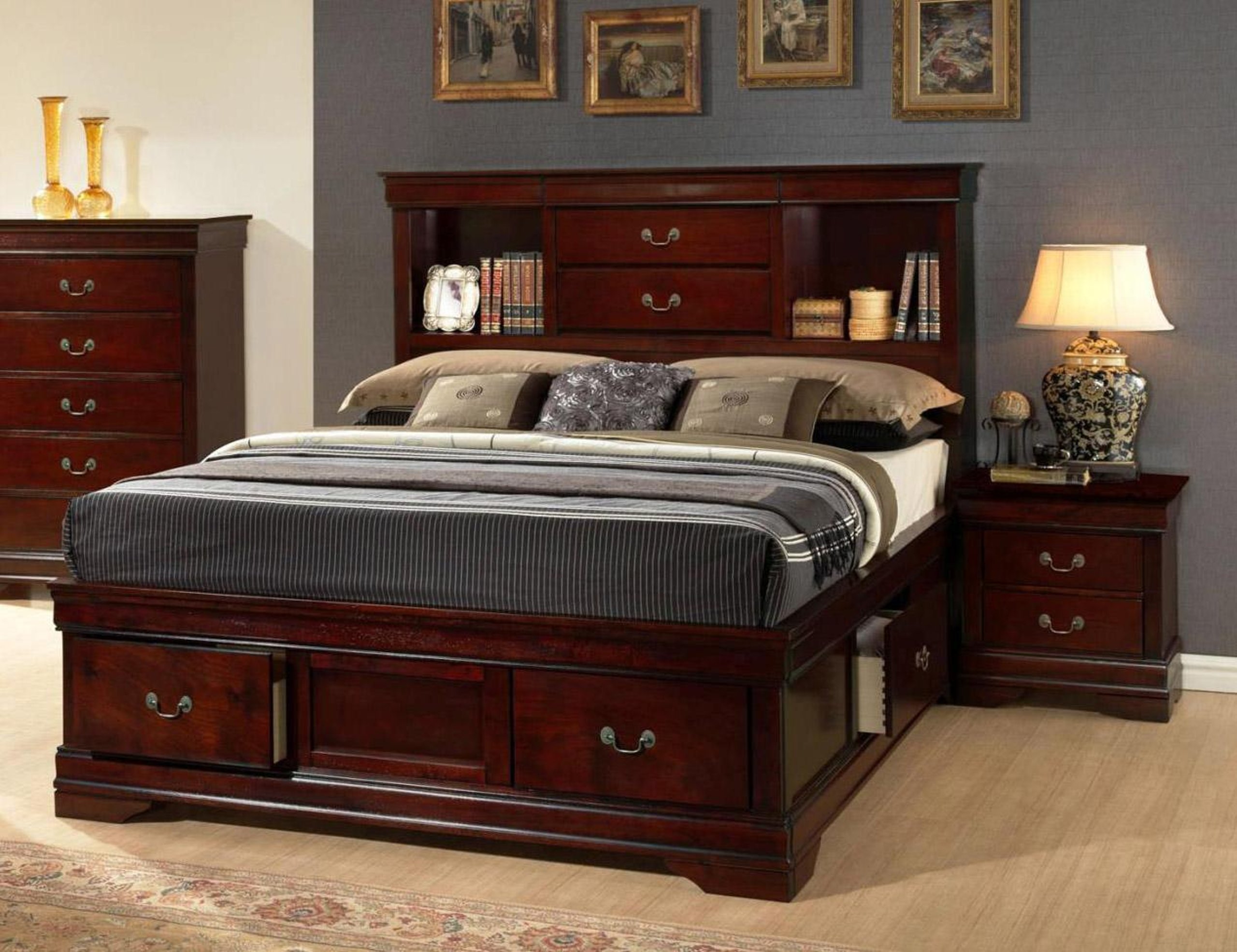 Myco Furniture Louis Philippe Bed-Color:Cherry,Size:King 
