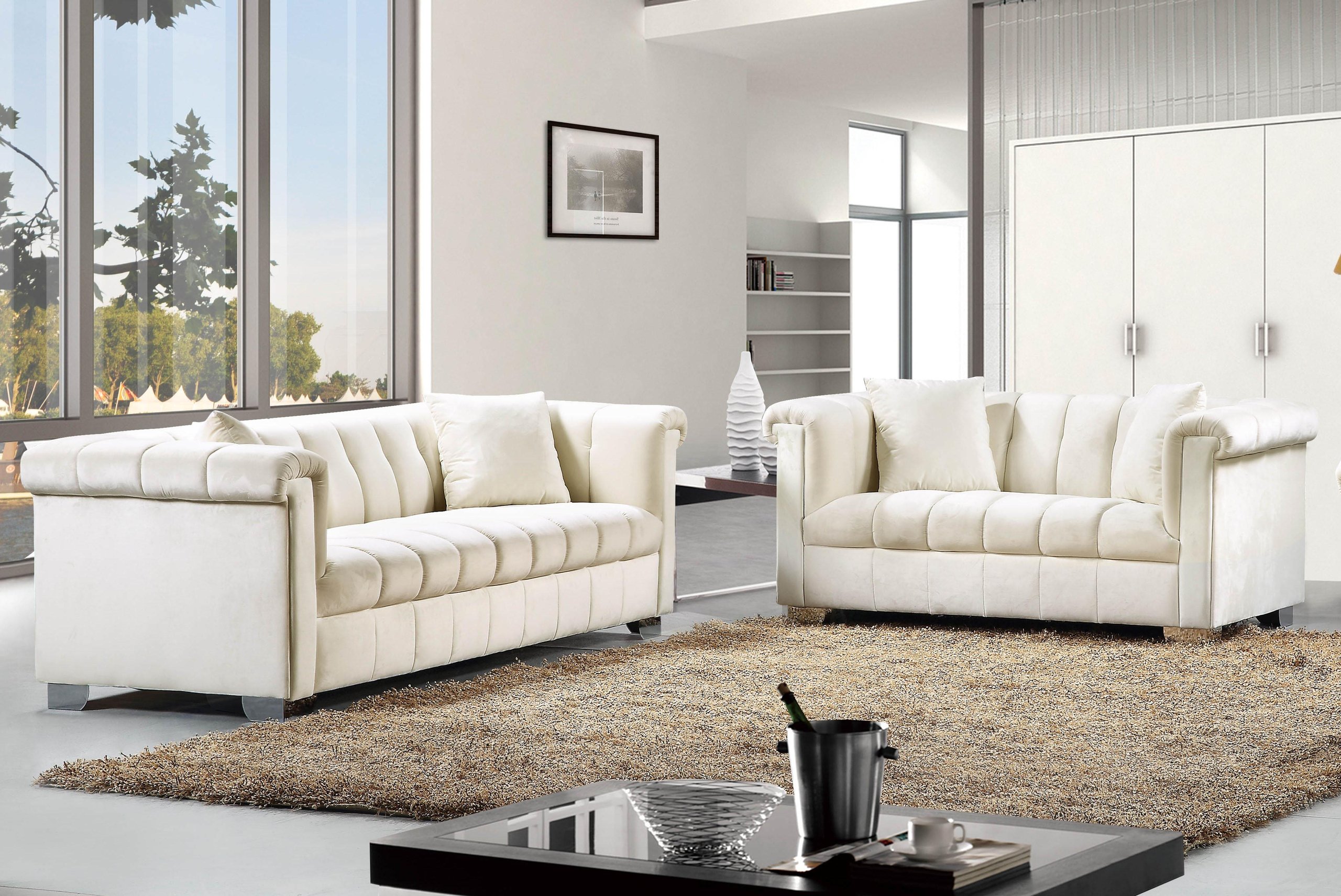 Meridian Furniture 615 Kayla Cream Velvet Tufted Sofa & Loveseat Set ...