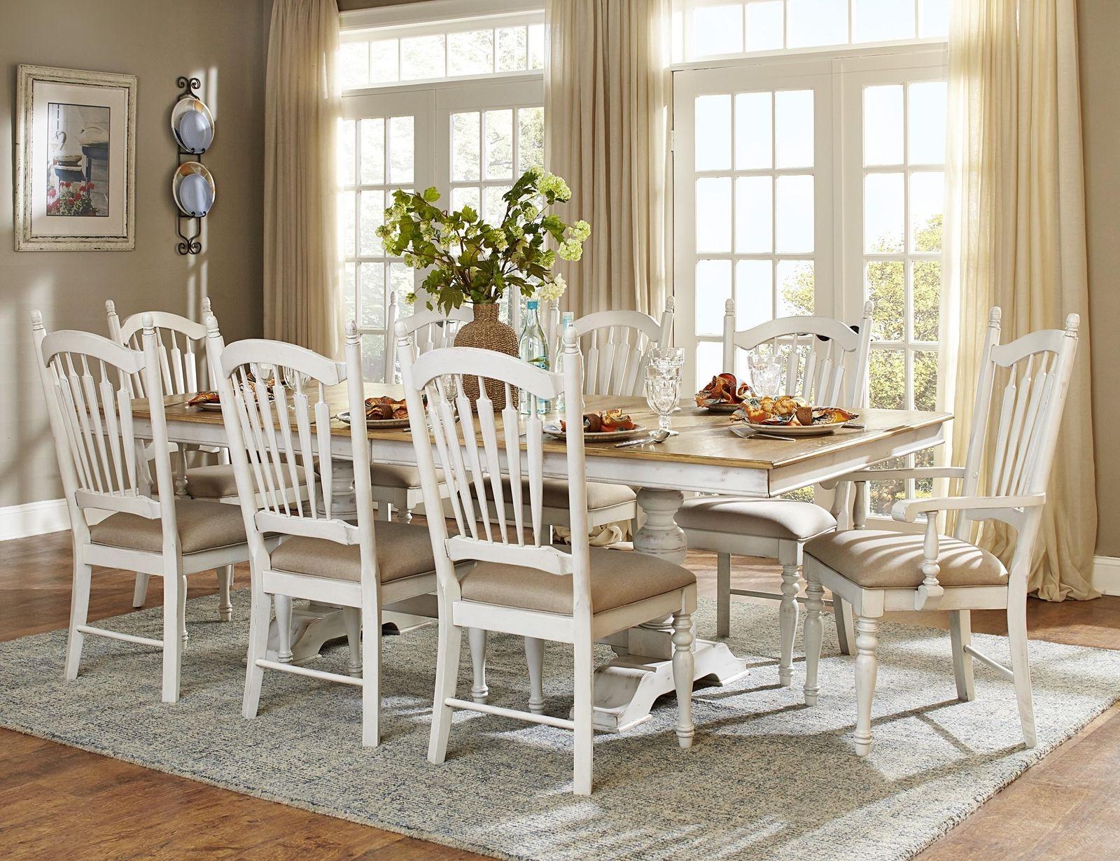 

    
5123-96 Country 9P White Oak Wood Pedestal Leaf Dining Table Set Chair
