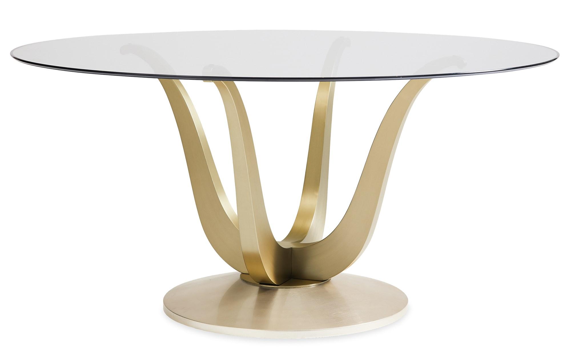 

    
60-inch Glass Top & Champagne Gold Base Dining Set 5Pcs ROUNDING UP by Caracole
