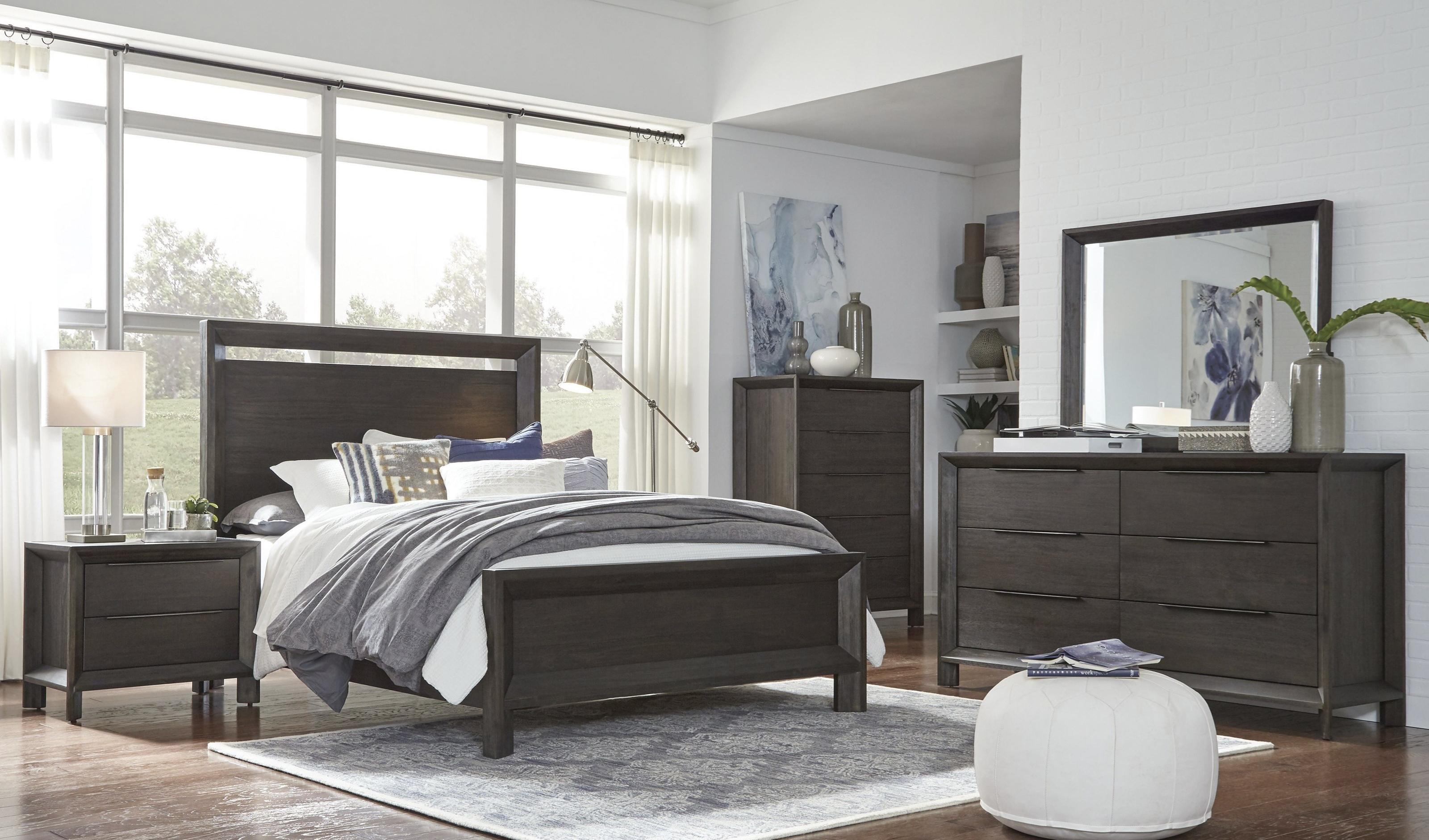 

    
Acacia Wood Basalt Grey Panel  King Bedroom Set 5Pcs w/Chest CHLOE by Modus Furniture
