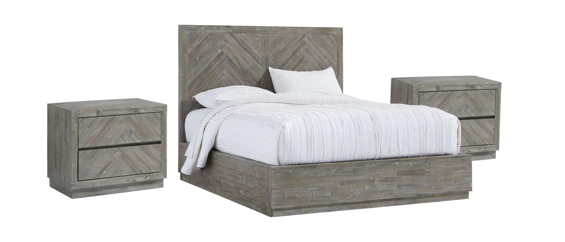 

    
Acacia Wood Rustic Latte Finish King Platform Bed Set 3Pcs HERRINGBONE by Modus Furniture
