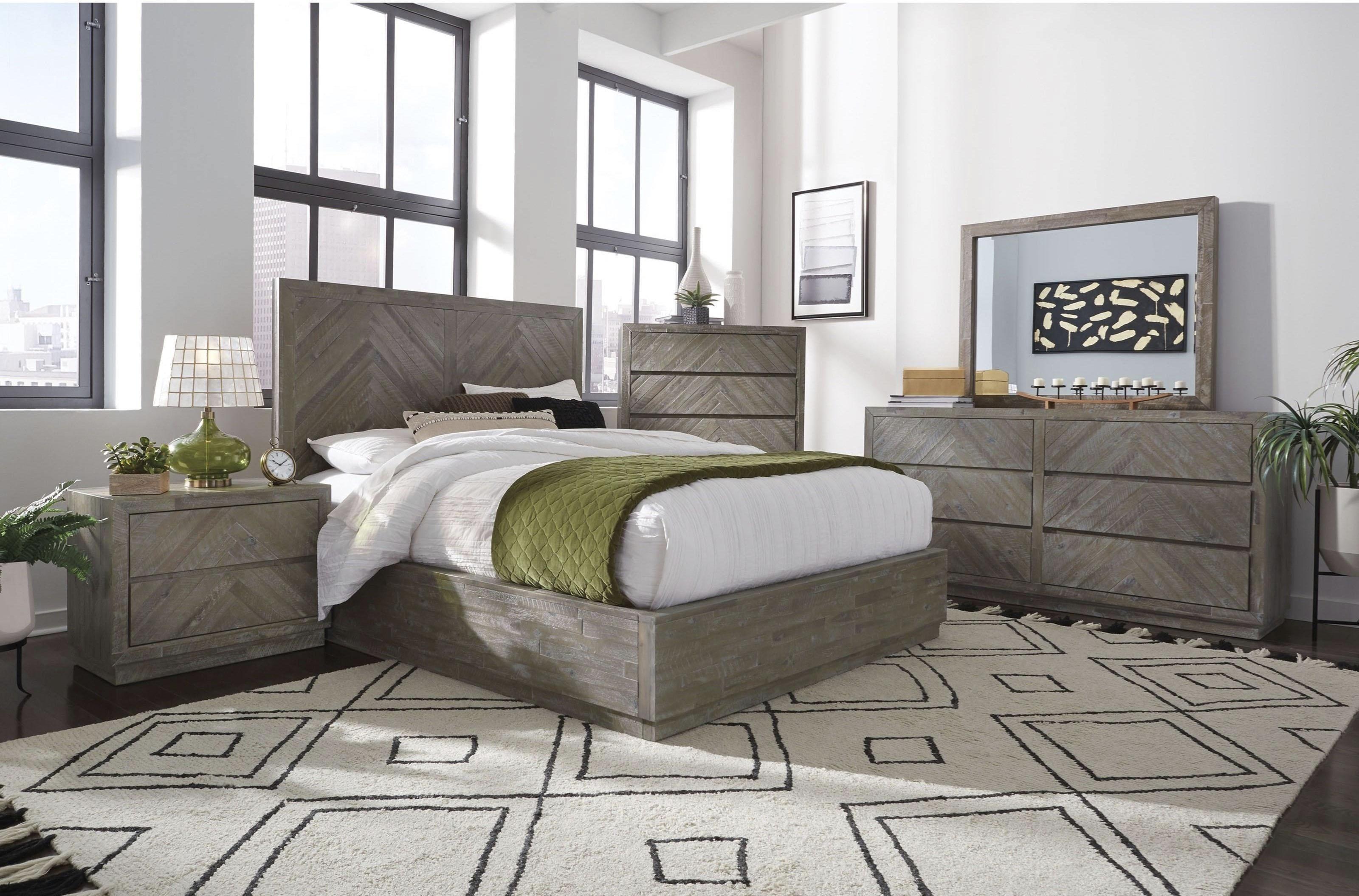 

    
Acacia Wood Rustic Latte Finish King Platform Bed Set 4Pcs HERRINGBONE by Modus Furniture
