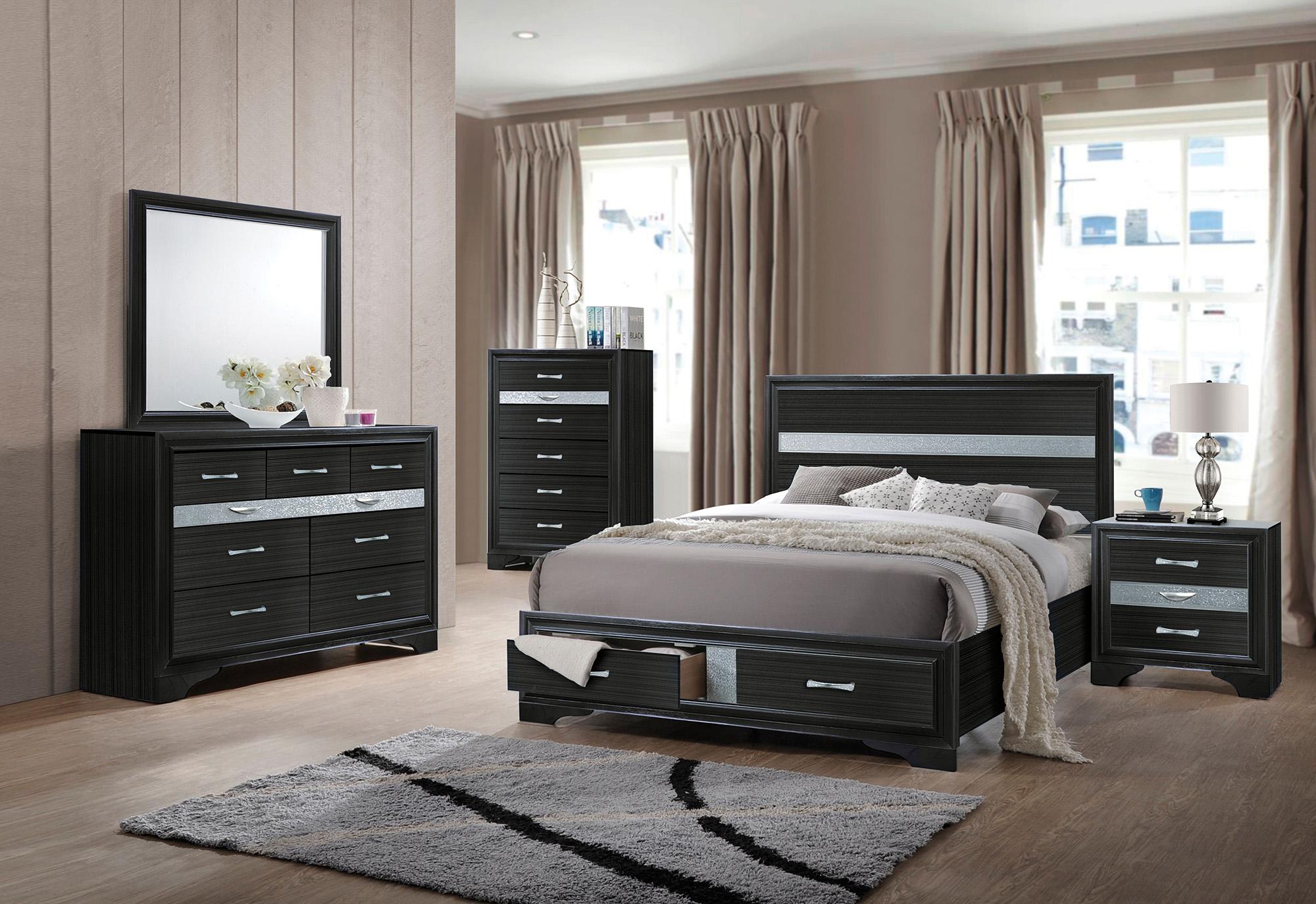 Contemporary, Modern Storage Bedroom Set Naima-25897EK 25897EK-Set-5 in Silver, Black Matte Lacquer