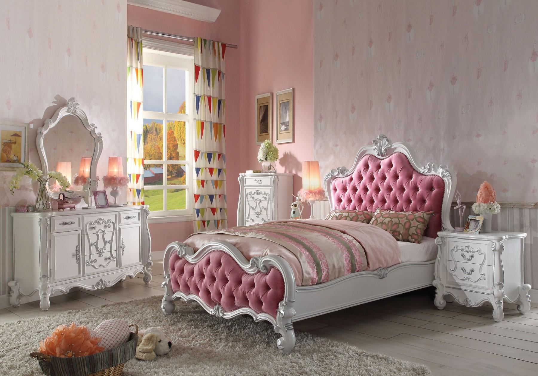 

        
Acme Furniture 30645F  Versailles Kids Sleigh Bed Pink/Silver/Antique White Fabric 00840412086212
