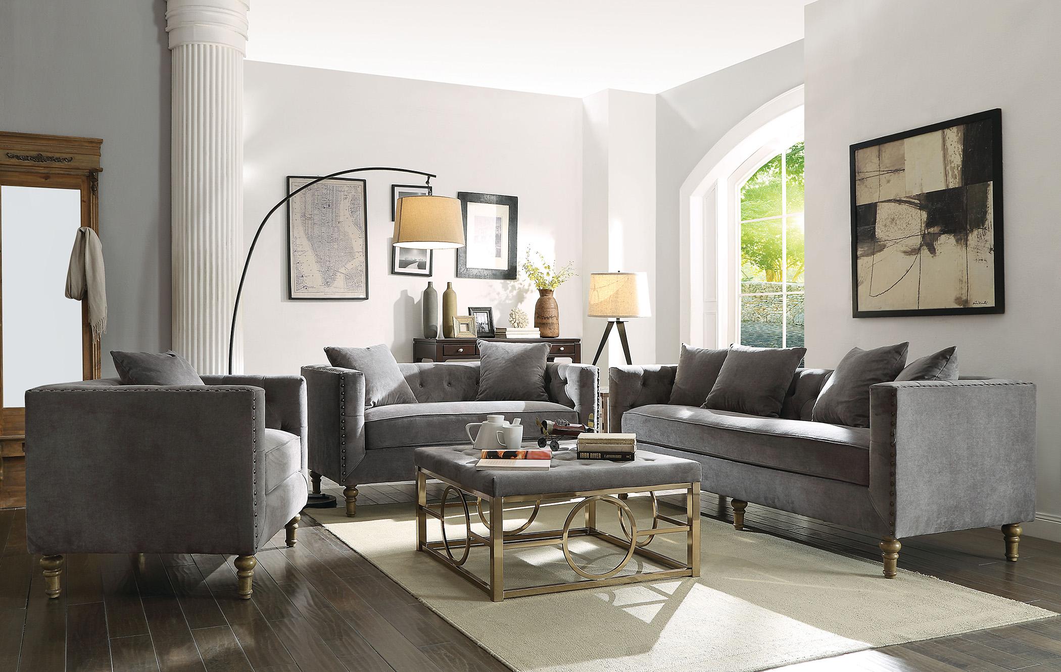 Contemporary, Classic Sofa Loveseat and Chair Set Sidonia Sidonia-53580-Set-3 in Gray Fabric