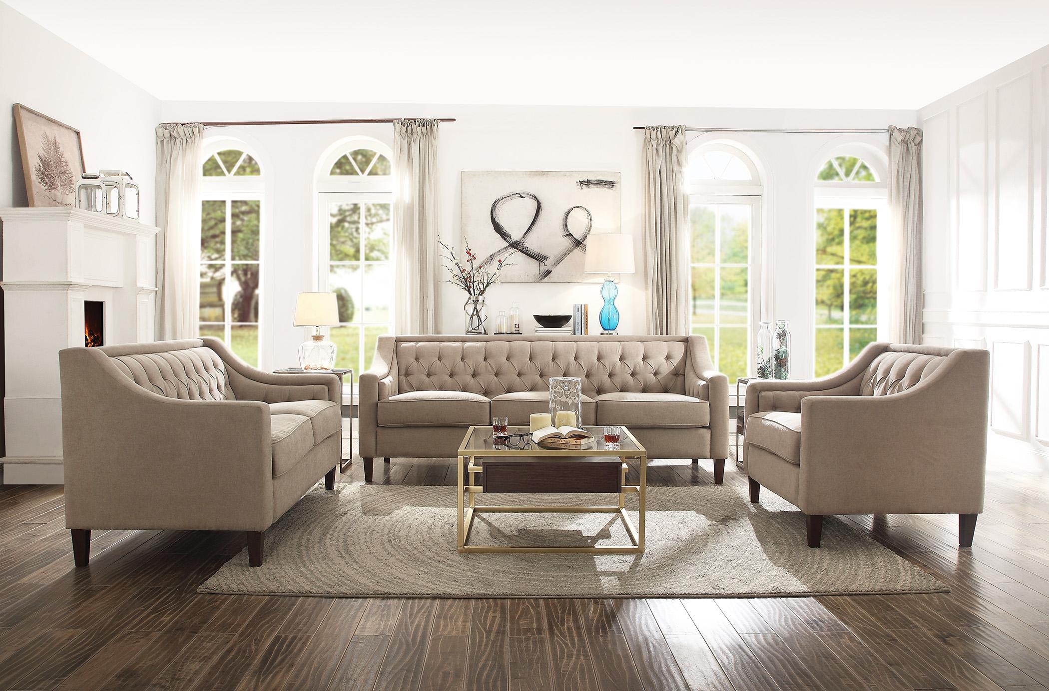 Vintage, Transitional Sofa Loveseat Chair Suzanne-54010 Suzanne-54010-Set-3 in Beige Fabric