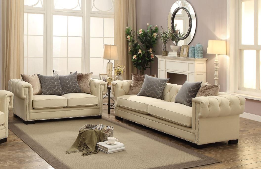 

    
Cream Polished Velvet Button Tufted Sofa Set 2Ps Acme Furniture 54245 Eulalia
