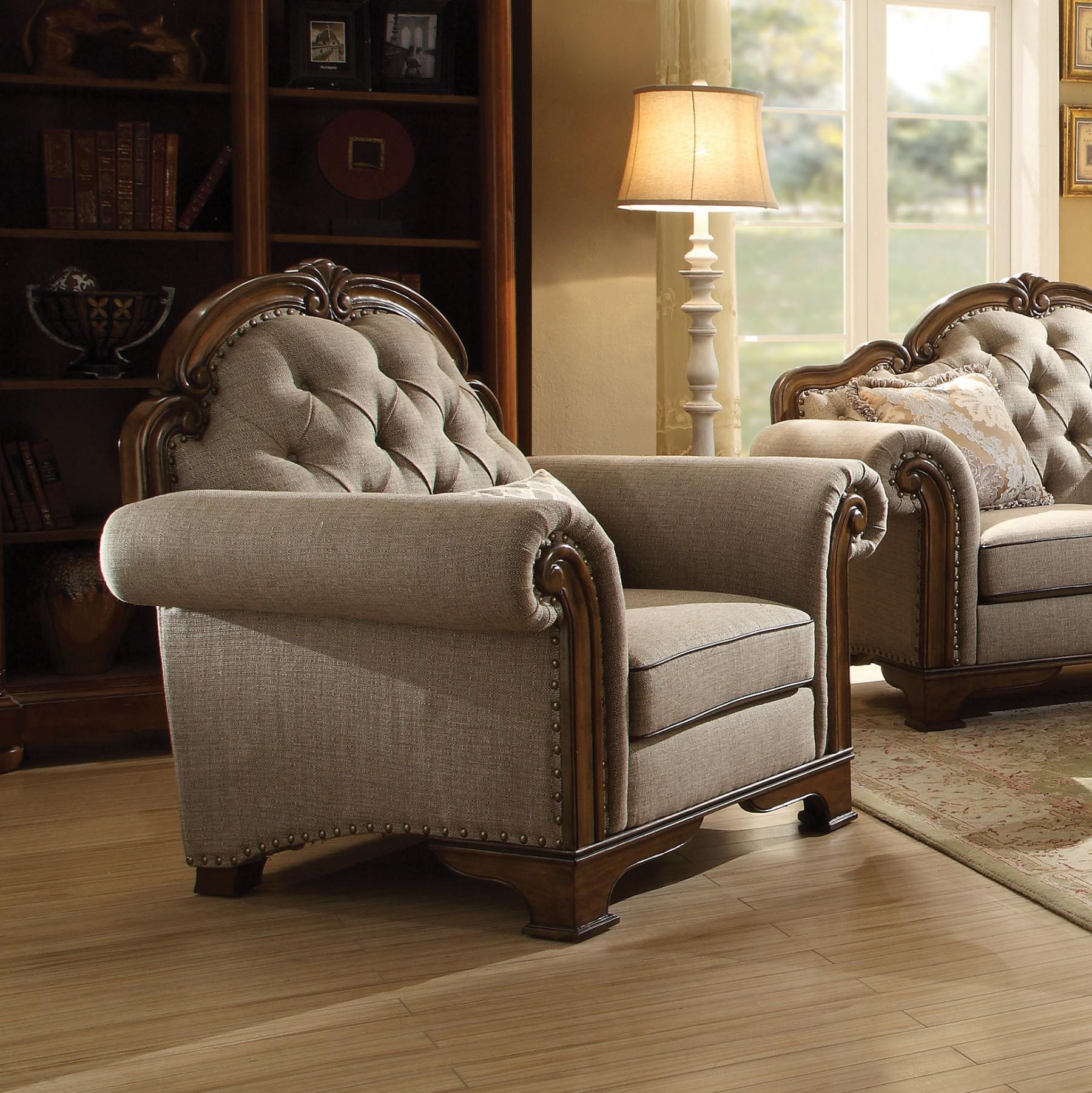 

    
Acme Furniture 56170 Valletta Classic Latte Tufted Fabric Oak Wood Sofa Set 3Pcs
