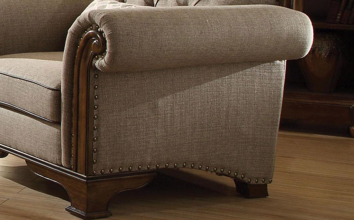 

    
 Shop  Acme Furniture 56170 Valletta Classic Latte Tufted Fabric Oak Wood Sofa Set 3Pcs
