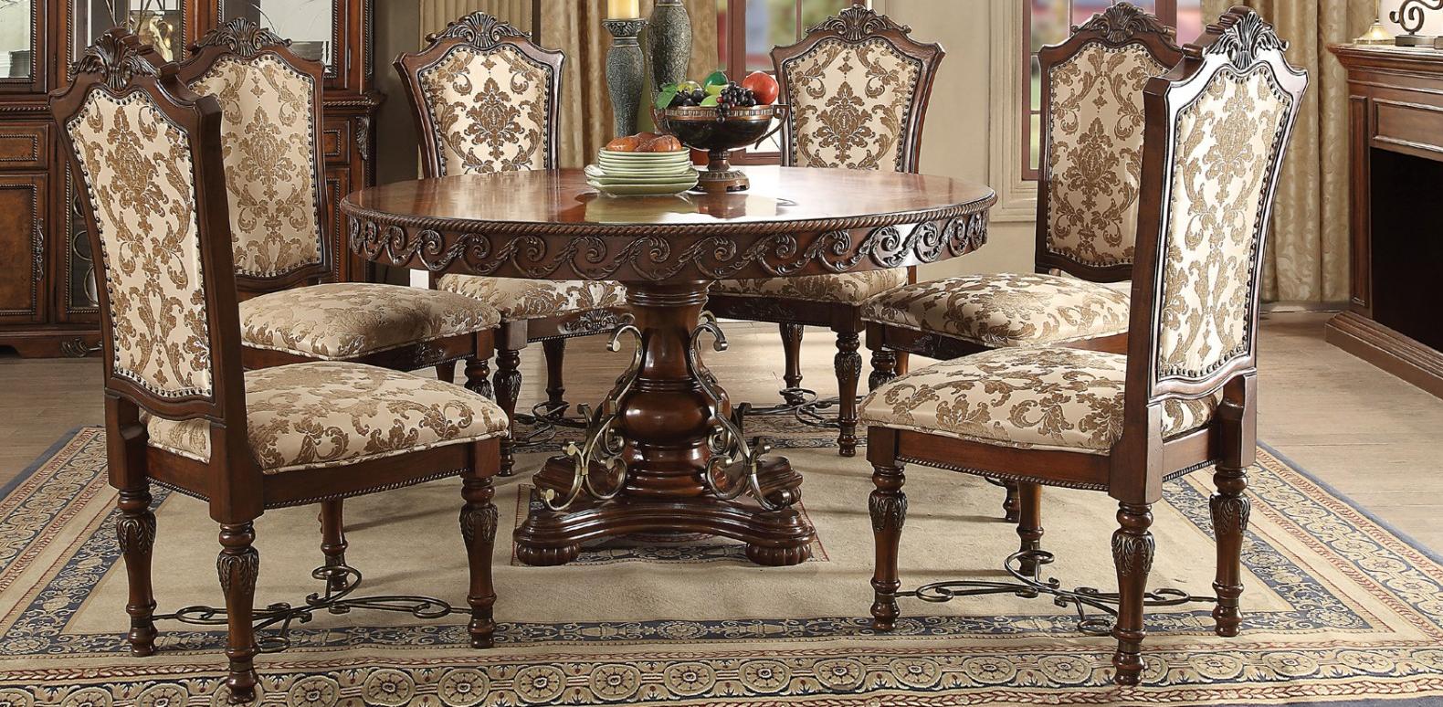 

    
Acme 60155 Wycliff Luxury Cherry Pedestal Round Dining Table Set 7Pcs Carved Wood
