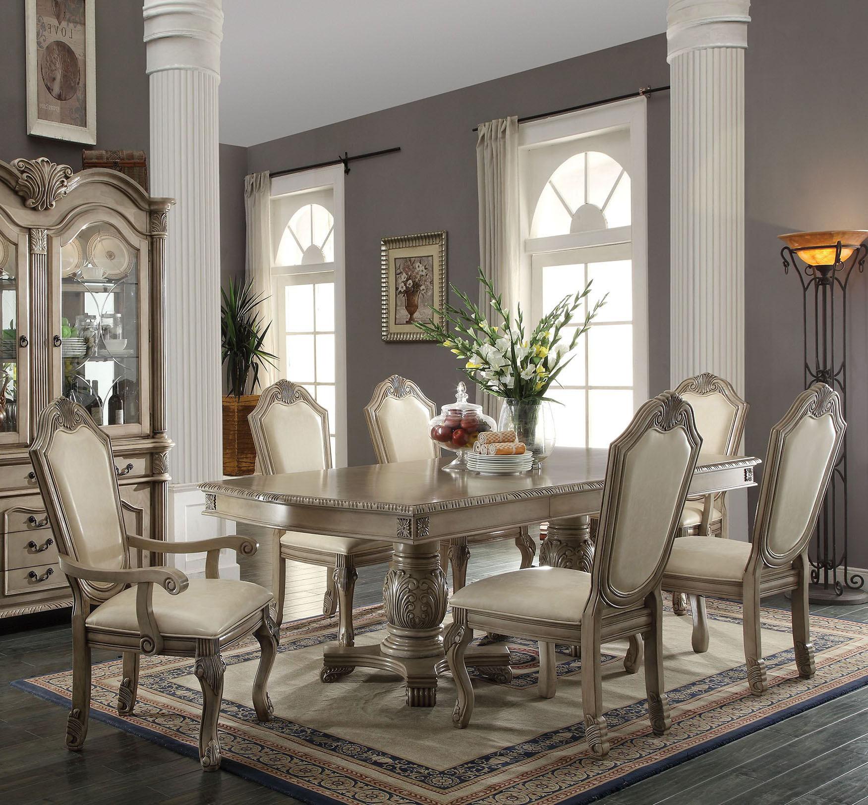 Classic, Traditional Dining Table Set Chateau De Ville-64065 Chateau De Ville-64065-Set-7 in Antique White Chenille