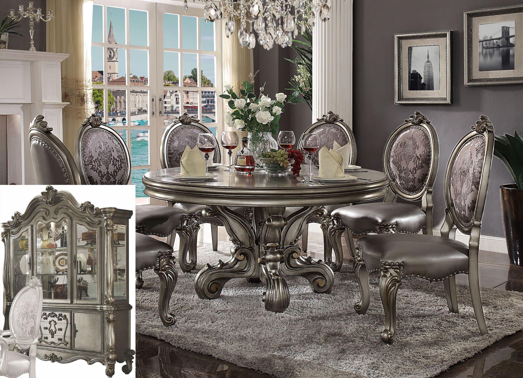 Traditional,  Vintage Dining Sets Versailles-66840 Versailles-66840-Set-8 in Platinum, Antique, Silver Polyurethane
