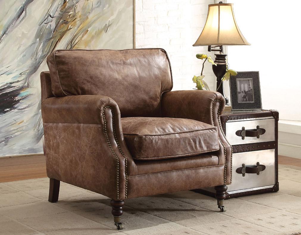 

    
Brown Genuine Leather Accent Chair w/End Table Set Acme Furniture 96675 Dundee

