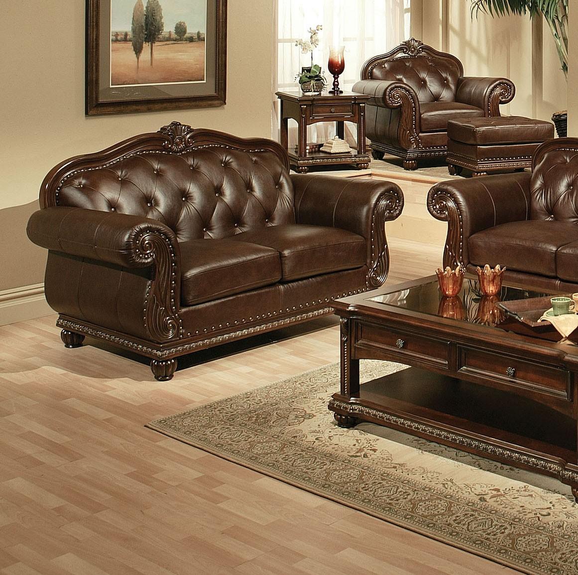 

    
Acme Furniture 15030 Anondale Espresso Top Grain Leather Sofa Set 5 Pcs Classic
