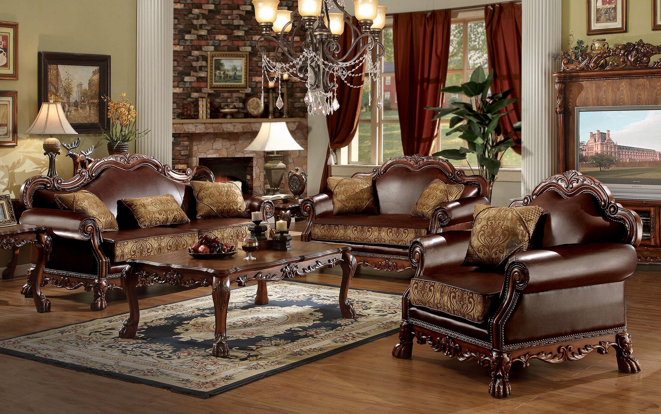Traditional,  Vintage Sofa Loveseat Chair Dresden-15160 Dresden-15160-Set-3 in Oak, Cherry, Brown Faux Leather