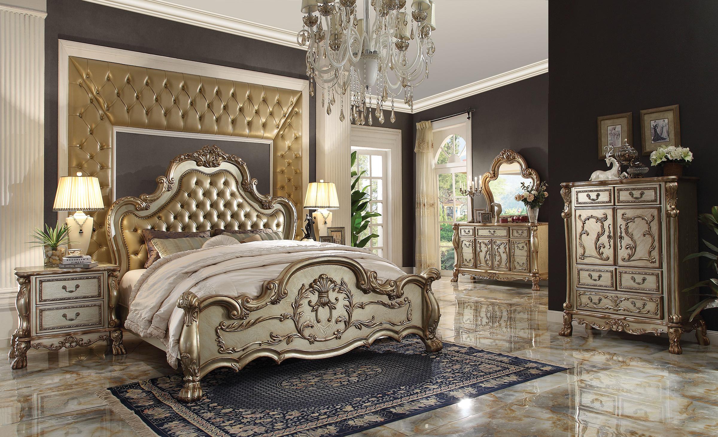 Classic, Traditional Panel Bedroom Set Dresden-23160 23160Q-4PC in Bone, Gold Polyurethane