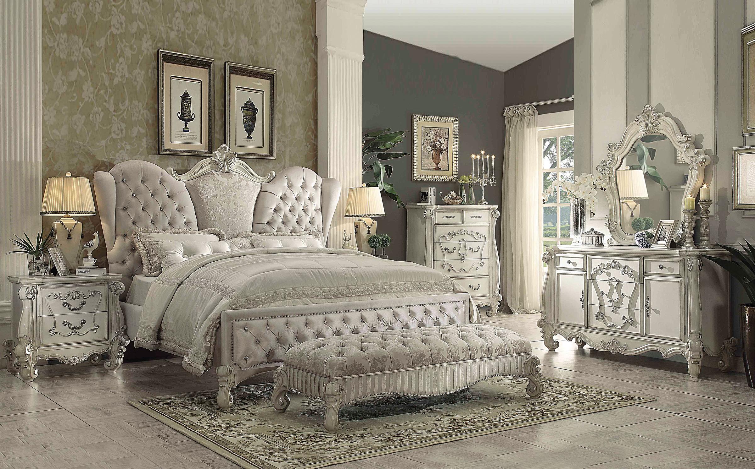 Classic, Traditional Panel Bedroom Set Versailles-21130Q Versailles-21130Q-Set-5 in Bone, White, Ivory Velvet