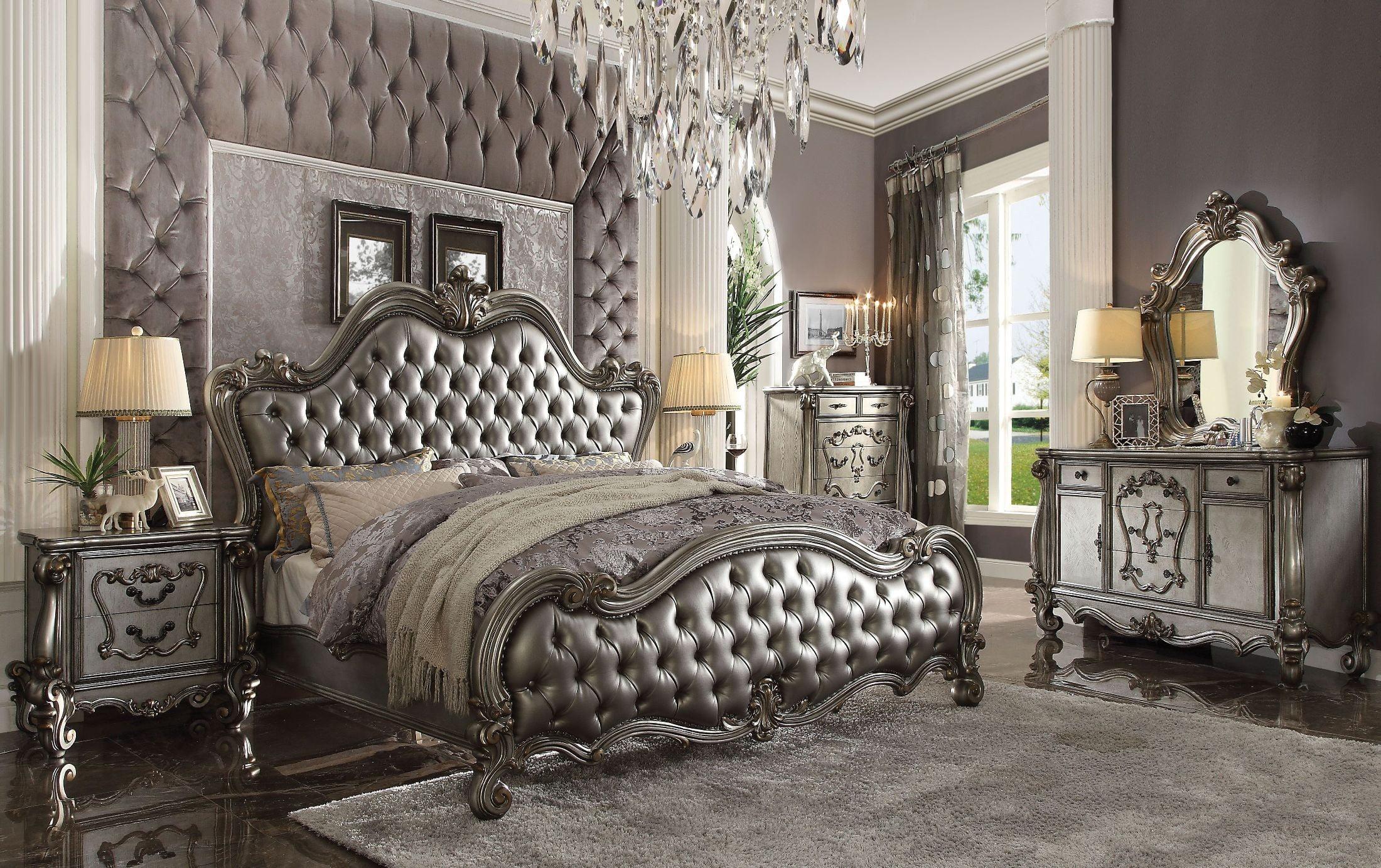 

        
Acme Furniture Versailles II-26837EK Panel Bedroom Set Platinum/Antique/Silver Polyurethane 0840412153945

