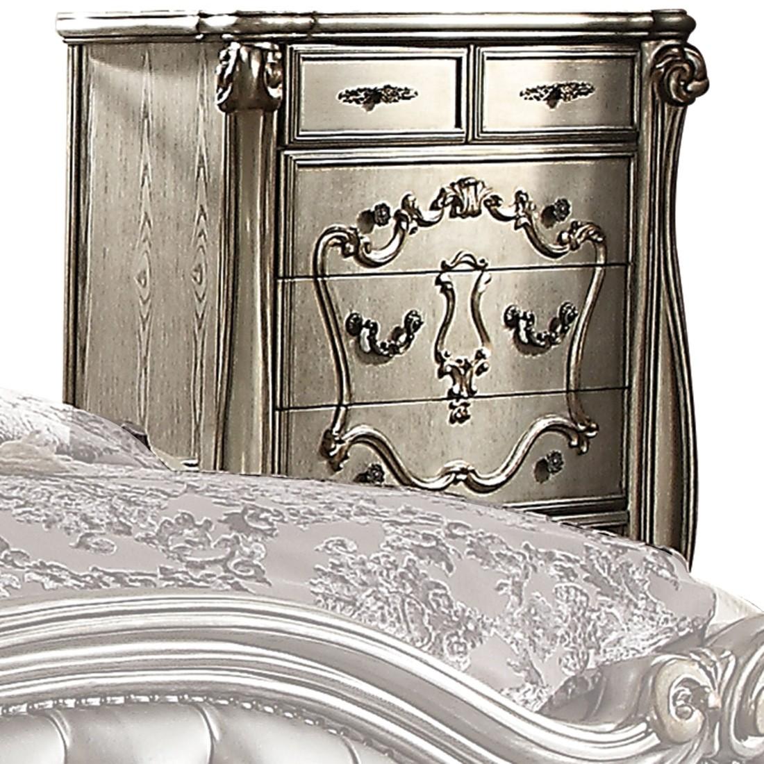 

    
 Order  Silver Tufted Antique Platinum King Bedroom Set 5Pcs Versailles II 26837EK Acme

