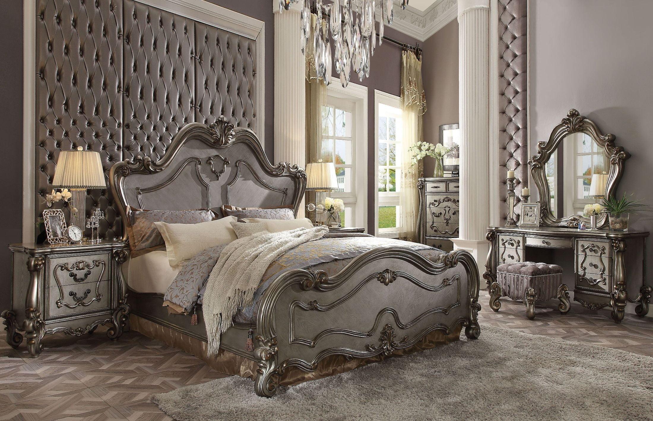 Classic, Traditional Panel Bedroom Set Versailles Versailles-26857EK-Set-5 in Platinum, Antique 