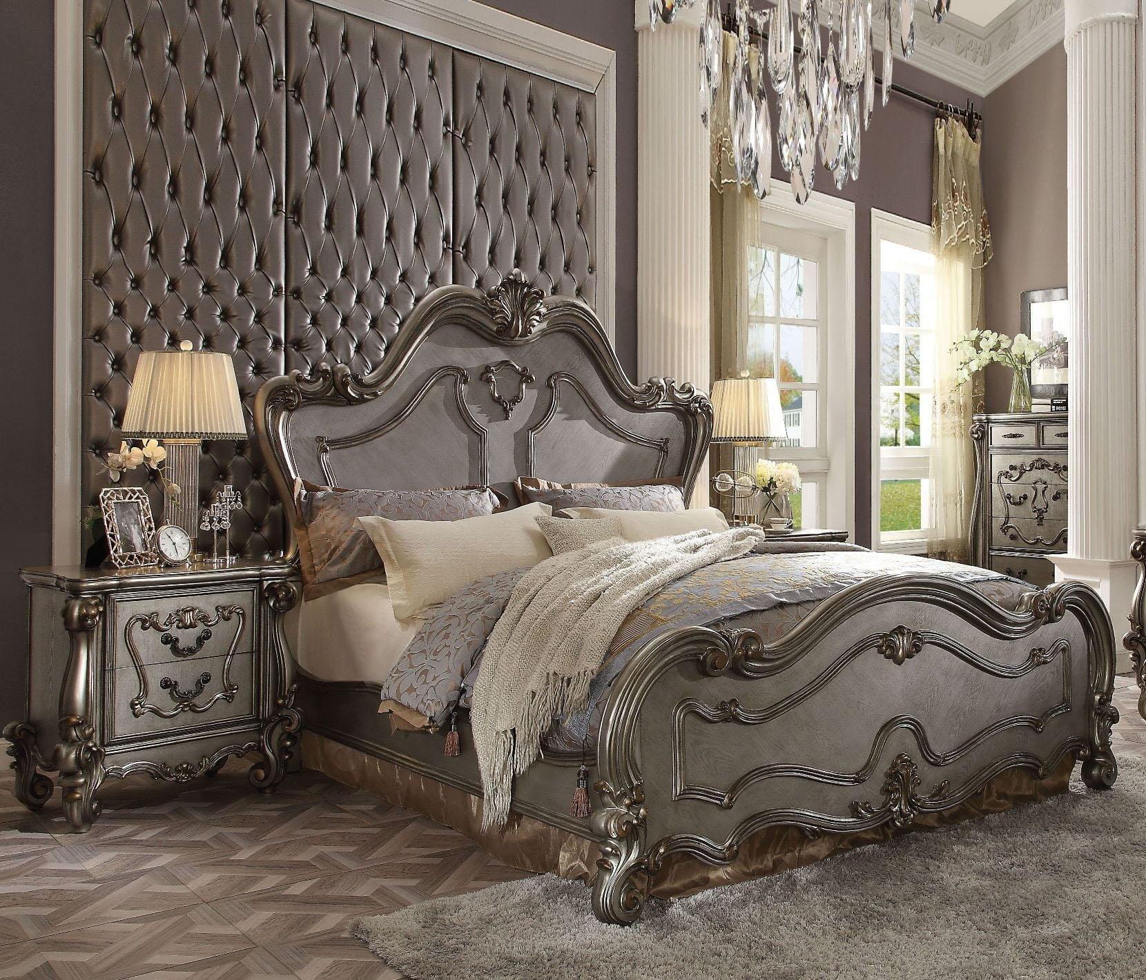 Classic, Traditional Panel Bedroom Set Versailles-26860Q Versailles-26860Q-Set-3 in Platinum, Antique 