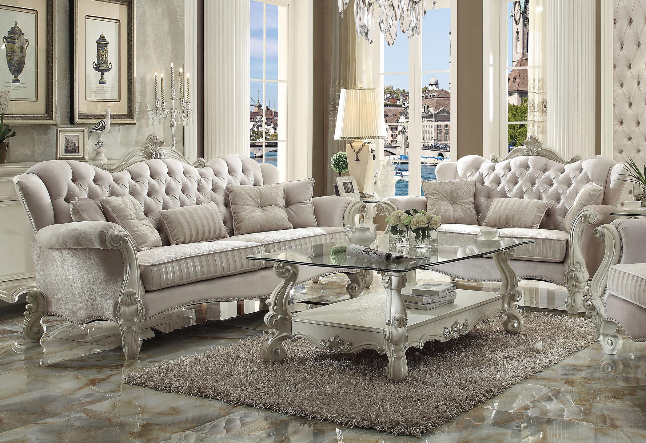 Traditional,  Vintage Sofa Loveseat Versailles 52105 52106 52105-2PC in Bone, White, Ivory Velvet
