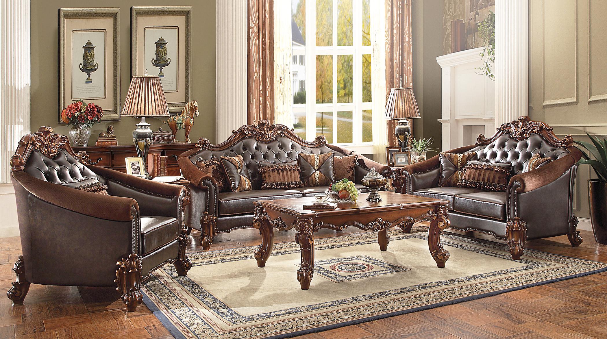 Traditional,  Vintage Sofa Loveseat Chair and Coffee Table Vendome II-53130 Vendome II-53130-Set-4 in Cherry, Brown Faux Leather