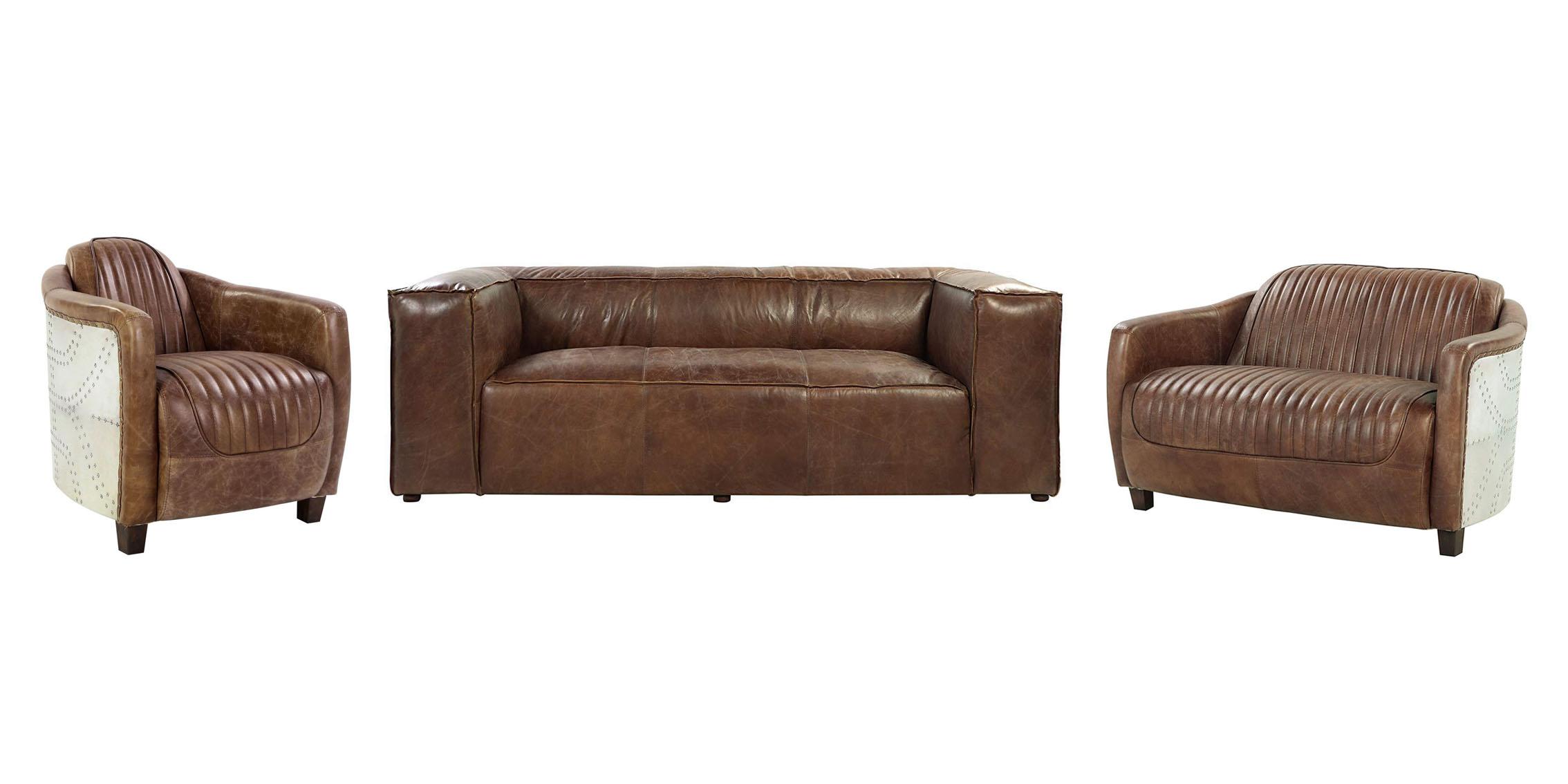 Casual Sofa Loveseat and Chair Set Brancaster 53545 53545-3PC in Brown Geniune Leather