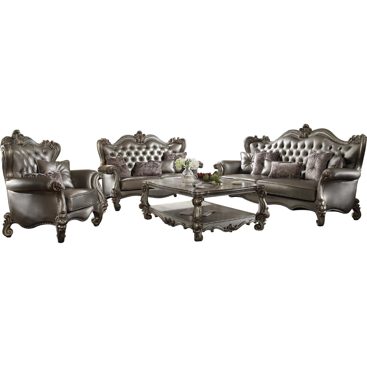 Traditional,  Vintage Sofa Loveseat Chair Versailles-56820 Versailles-56820-Set-3 in Platinum, Antique, Silver Faux Leather