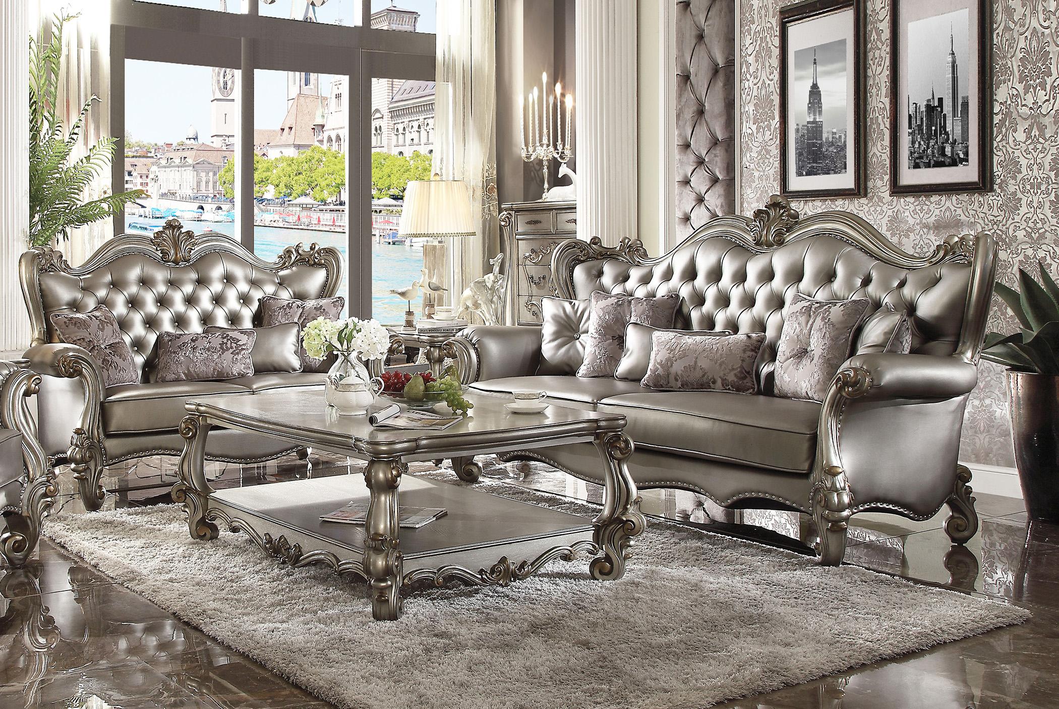 Traditional,  Vintage Sofa Loveseat Versailles-56820 Versailles-56820-Set-2 in Platinum, Antique, Silver Faux Leather